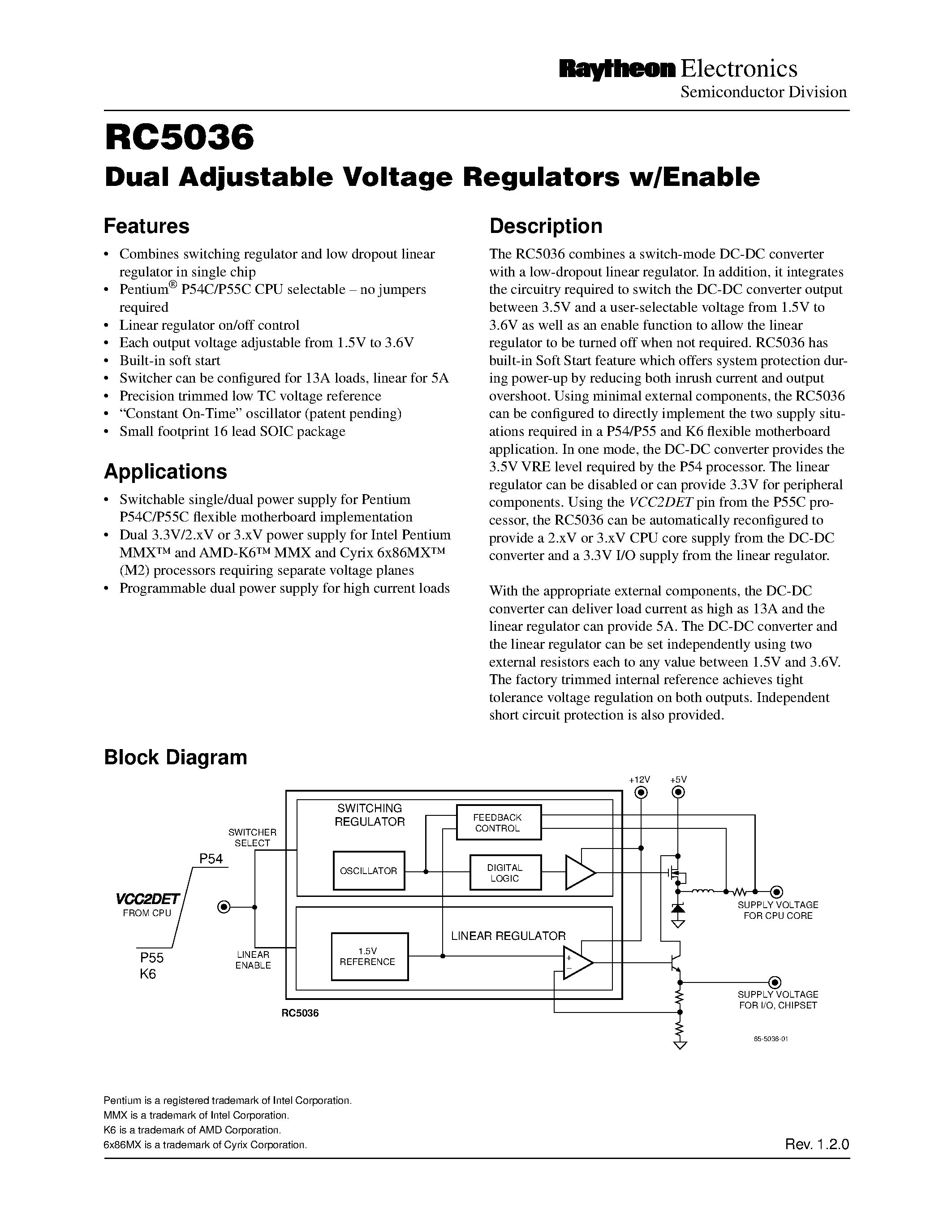 Даташит на микросхему RC5036 страница 1 Даташит RC5036 - Dual Adjustanble Voltage Regulators w/Enable страница 1