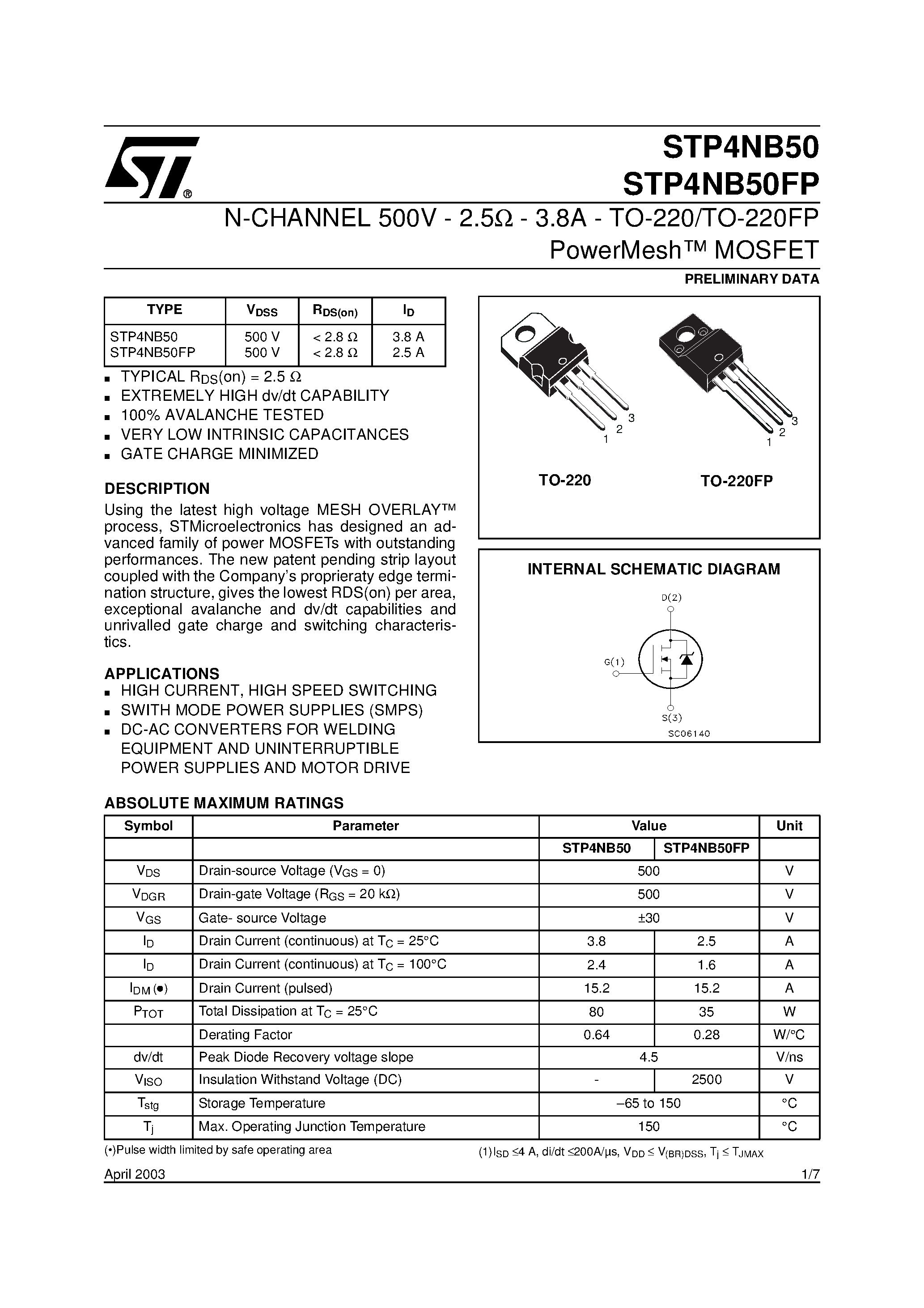 Datasheet STP4NB50 - N-CHANNEL MOSFET page 1