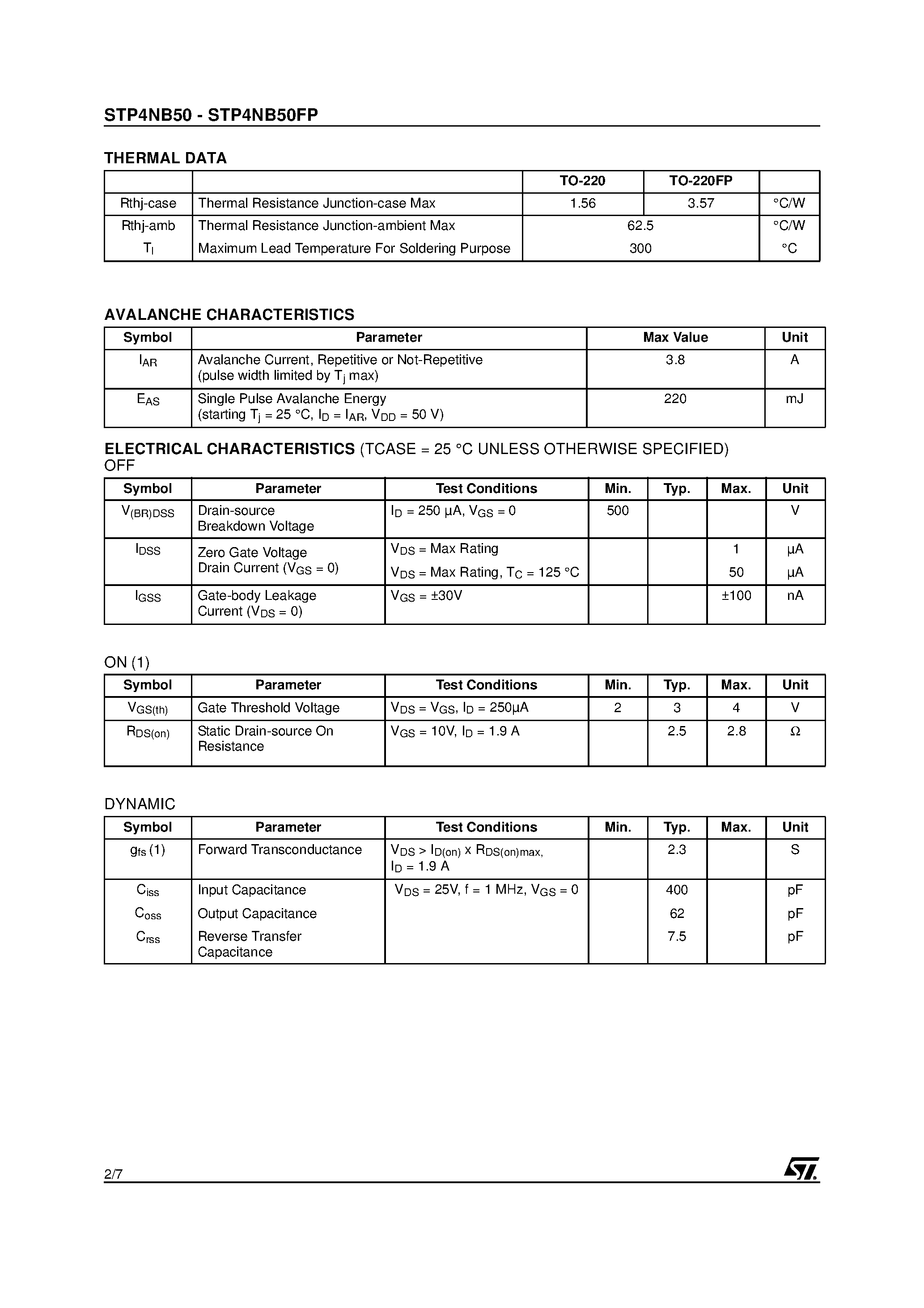Datasheet STP4NB50 - N-CHANNEL MOSFET page 2
