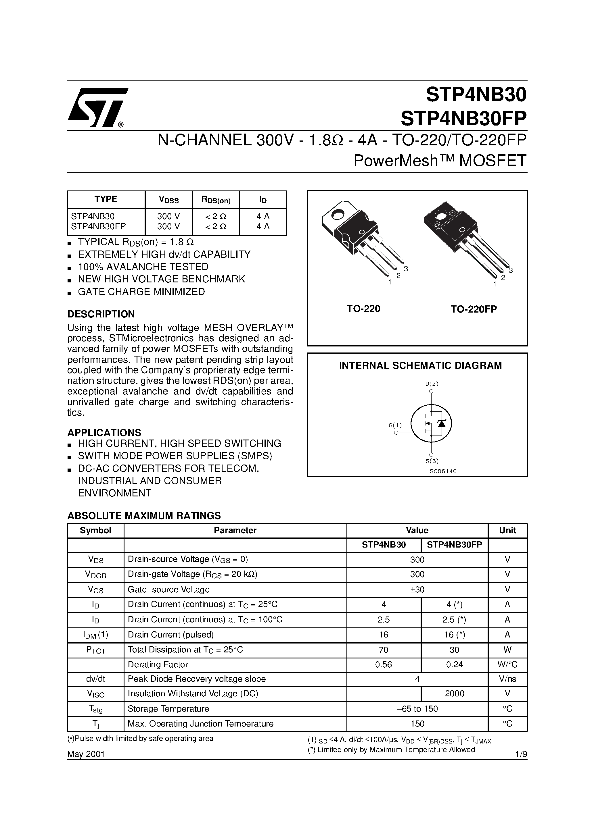 Datasheet STP4NB30 - N-CHANNEL MOSFET page 1
