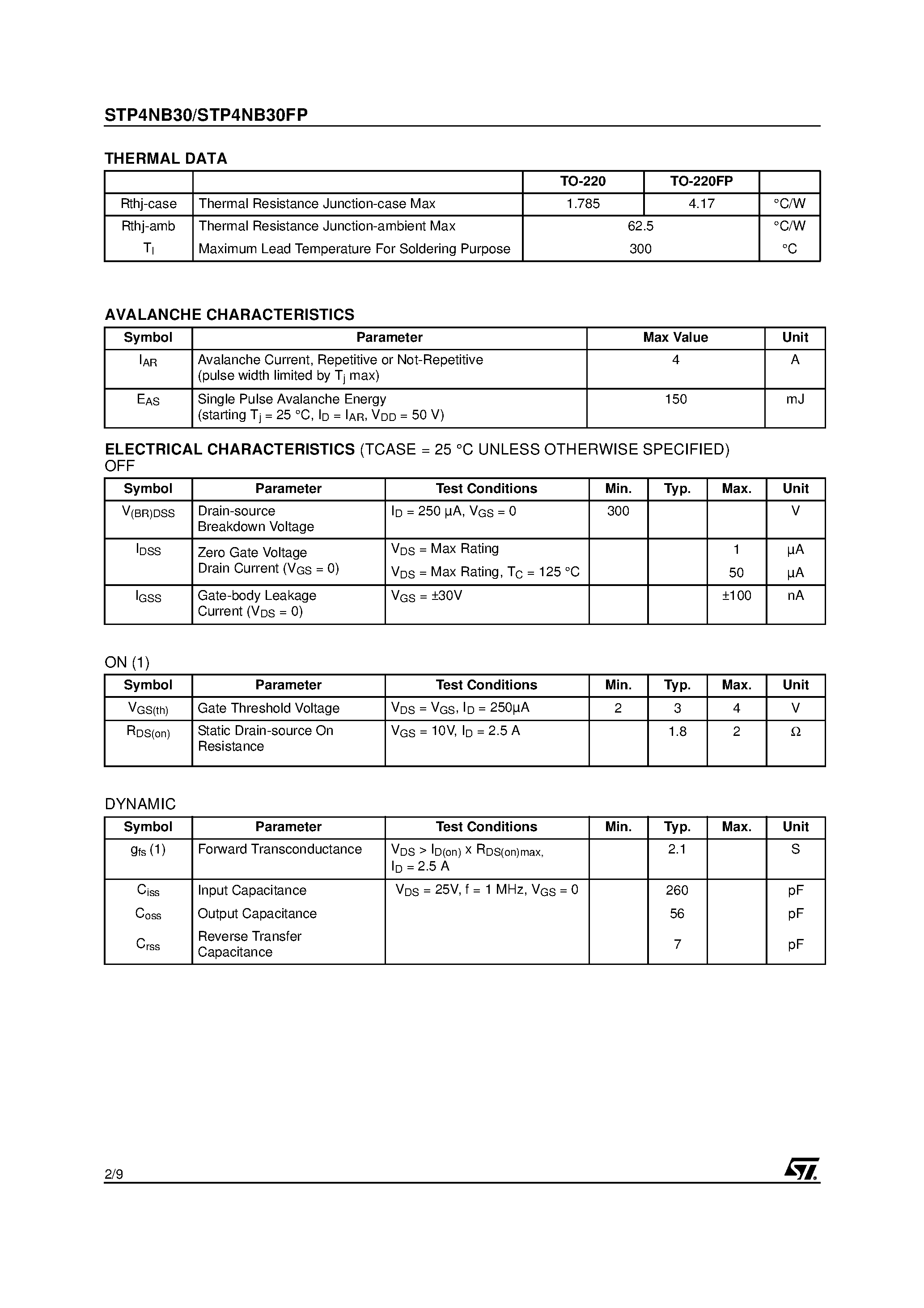 Datasheet STP4NB30 - N-CHANNEL MOSFET page 2