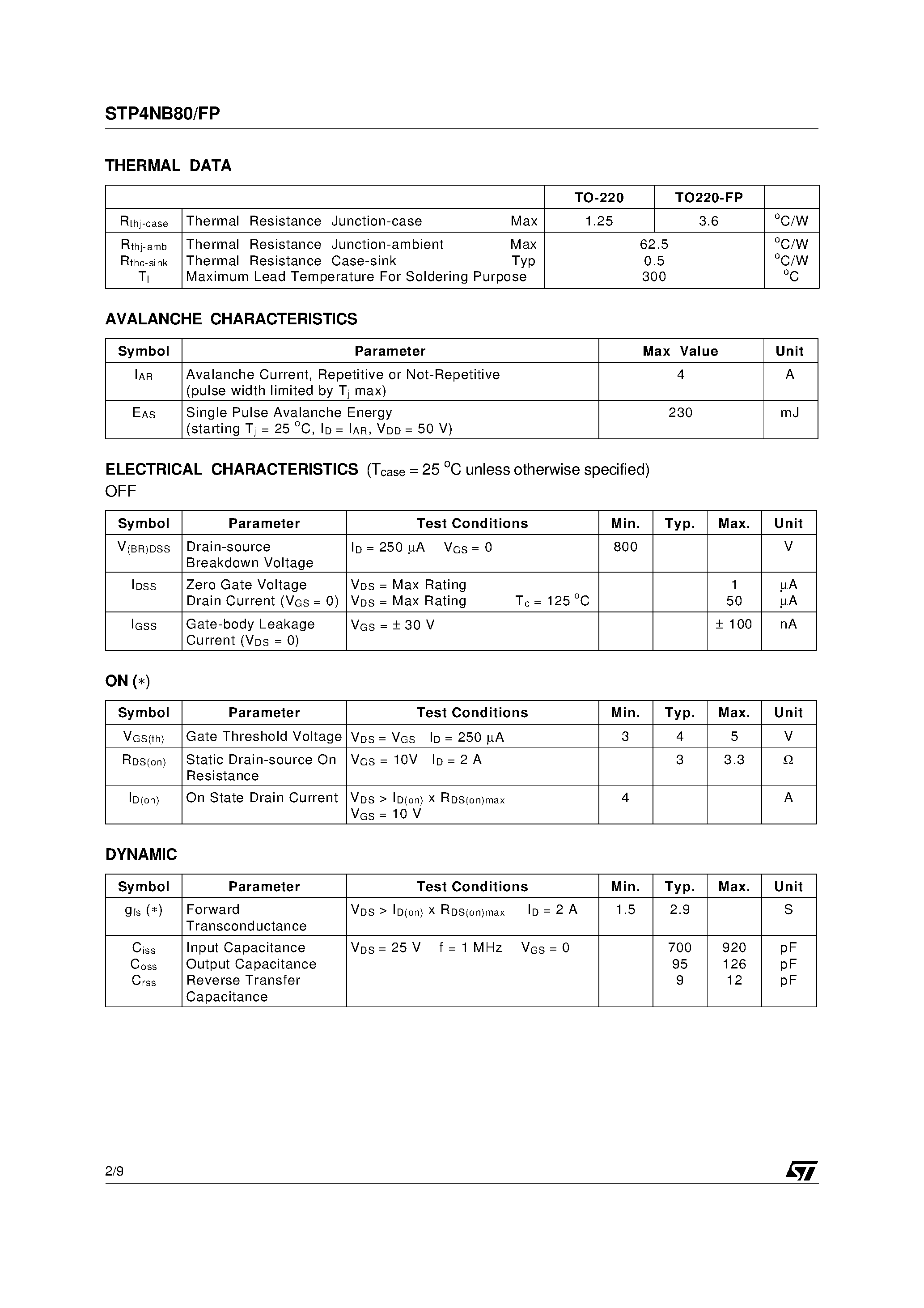 Datasheet STP4NB80 - N-CHANNEL MOSFET page 2