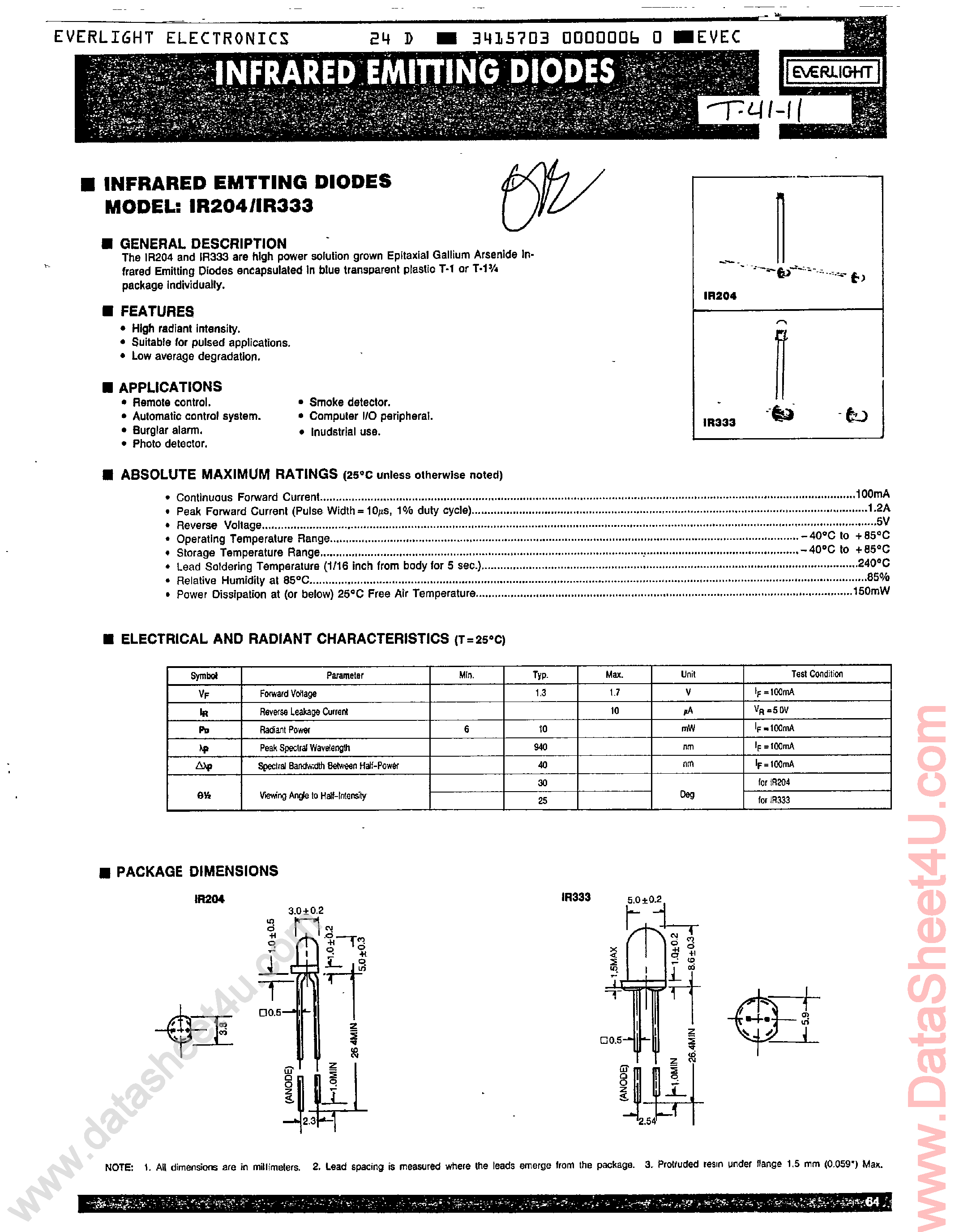 Даташит на микросхему IR333 страница 1 Даташит IR333 - Infrared Emitting Diodes страница 1