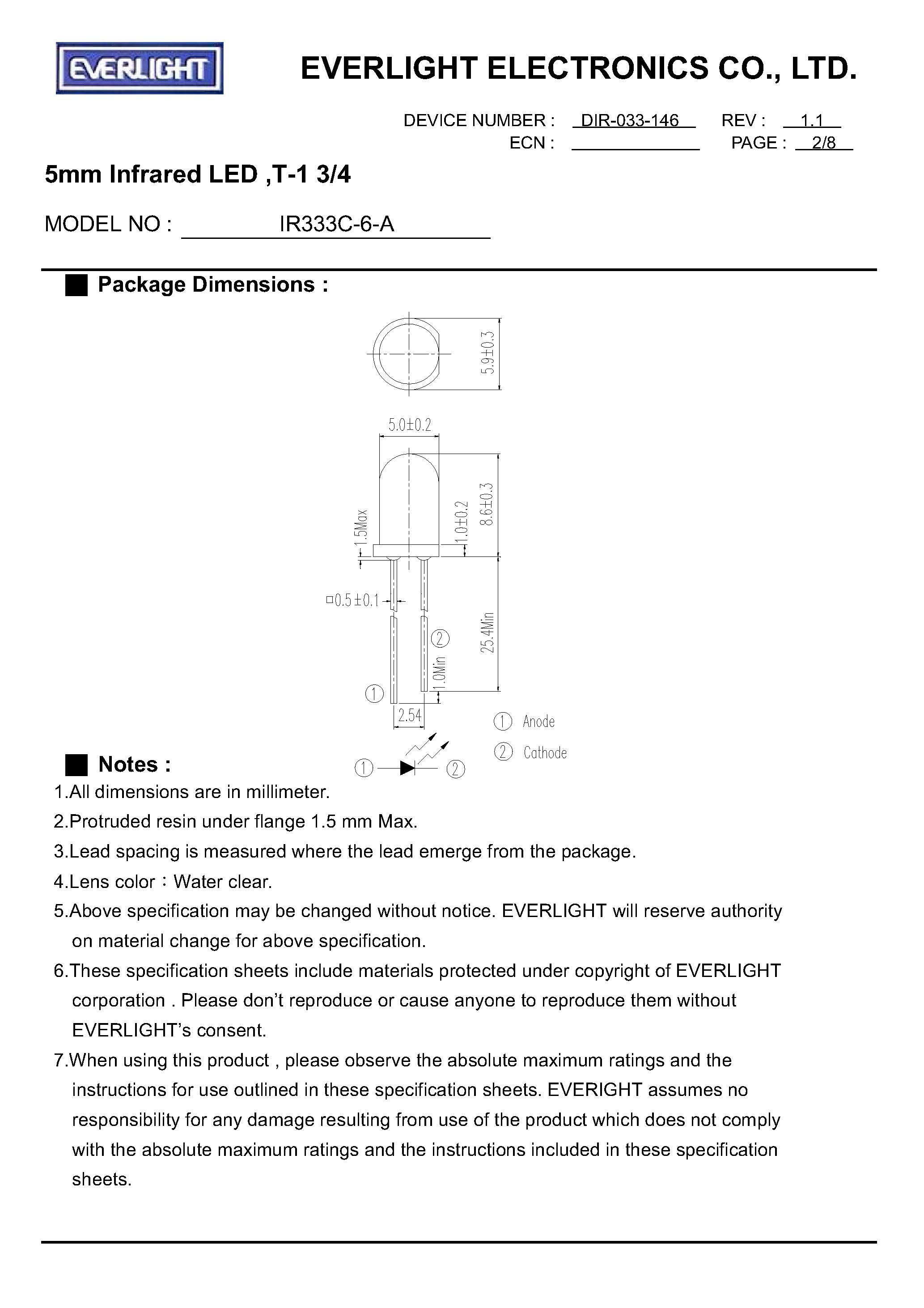 Даташит на микросхему IR333C-6-A страница 2 Даташит IR333C-6-A - 5mm Infrared LED страница 2