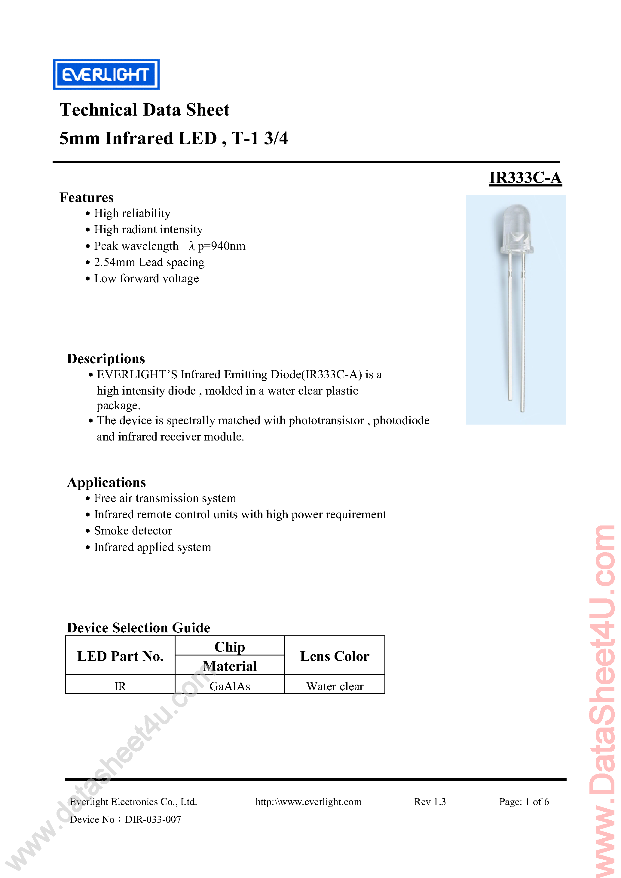 Datasheet IR333C-A - 5mm Infrared LED page 1