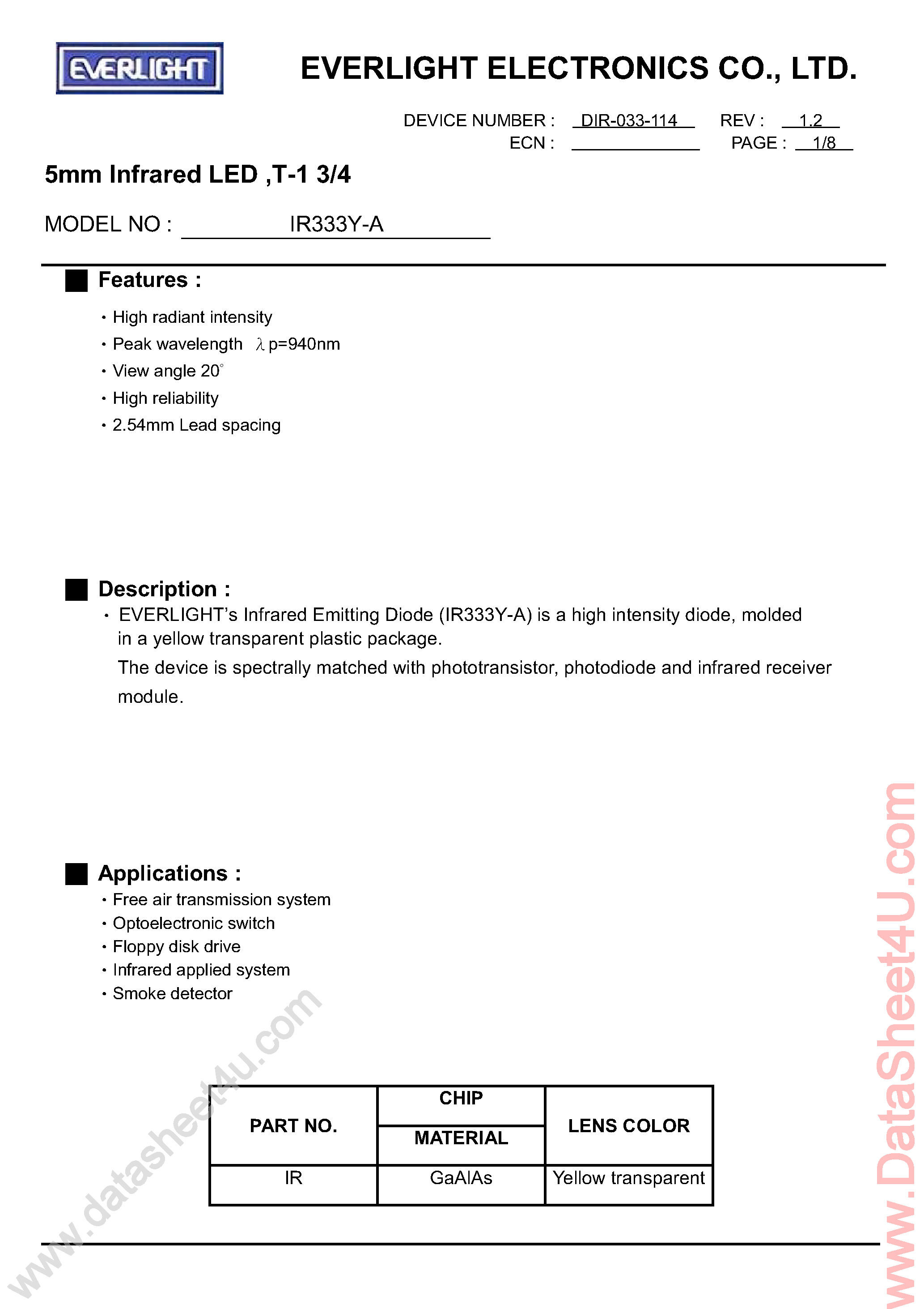 Datasheet IR333Y-A - 5mm Infrared LED page 1