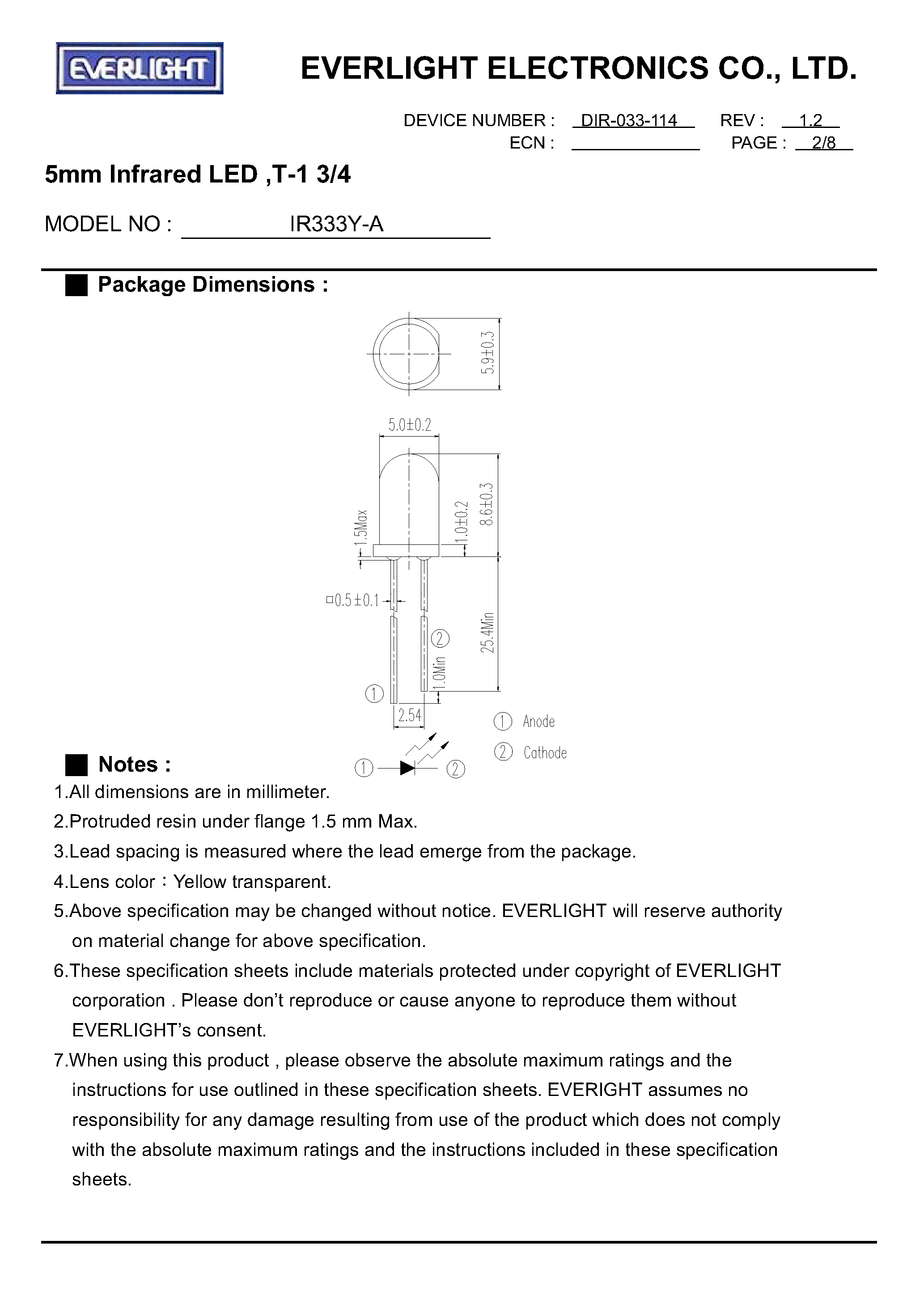 Datasheet IR333Y-A - 5mm Infrared LED page 2
