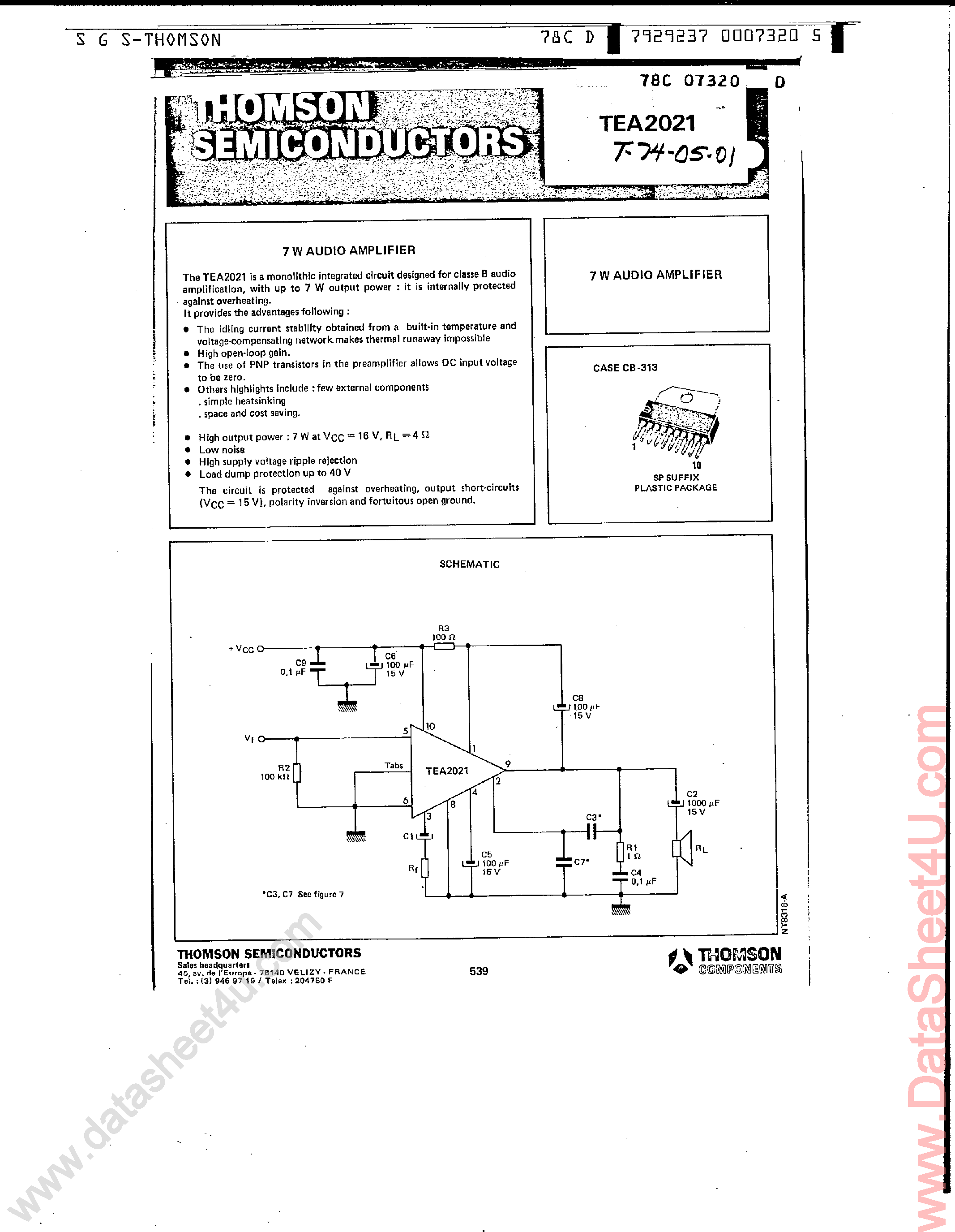 Datasheet TEA2021 - 7W Audio Amplifier page 1