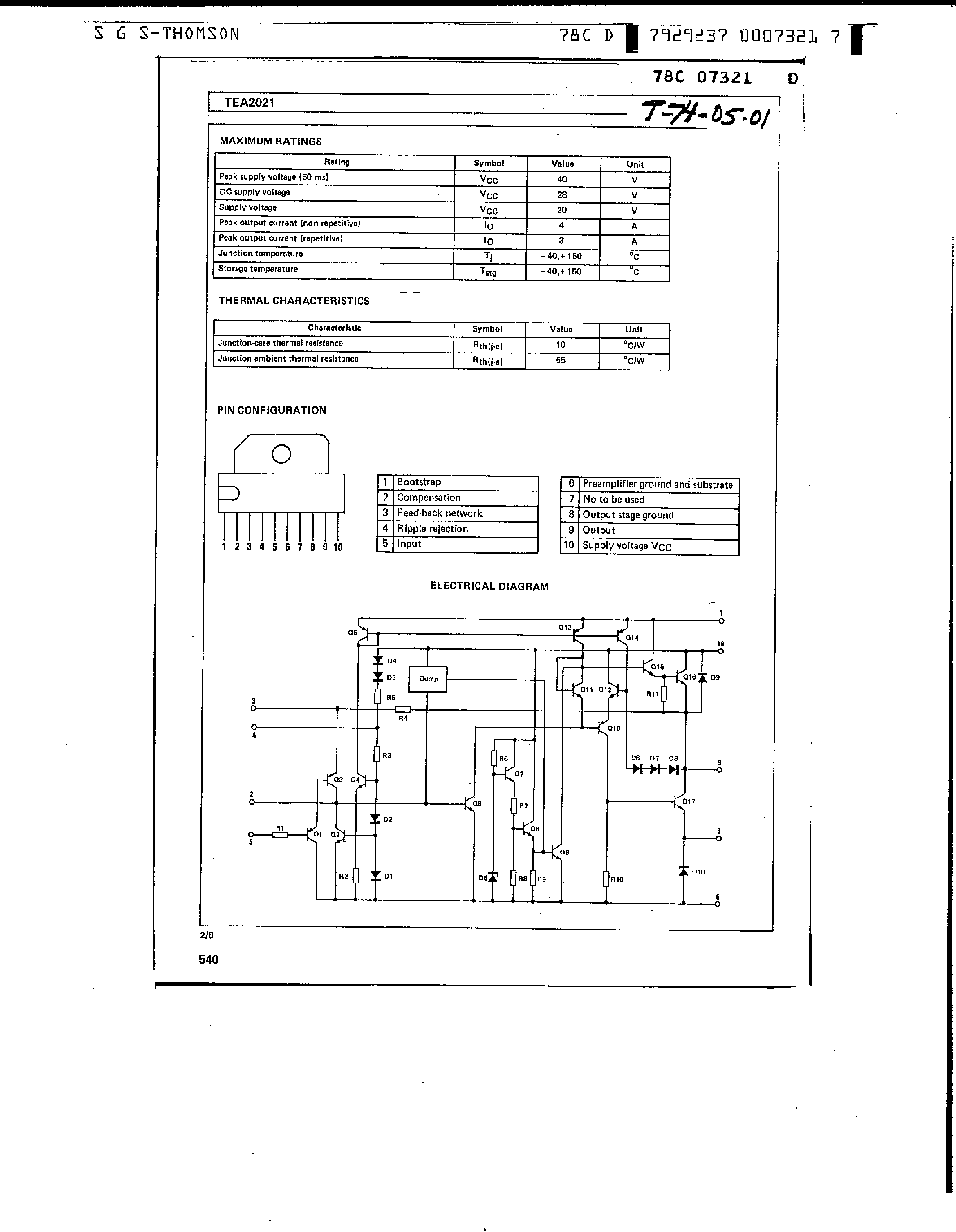 Datasheet TEA2021 - 7W Audio Amplifier page 2