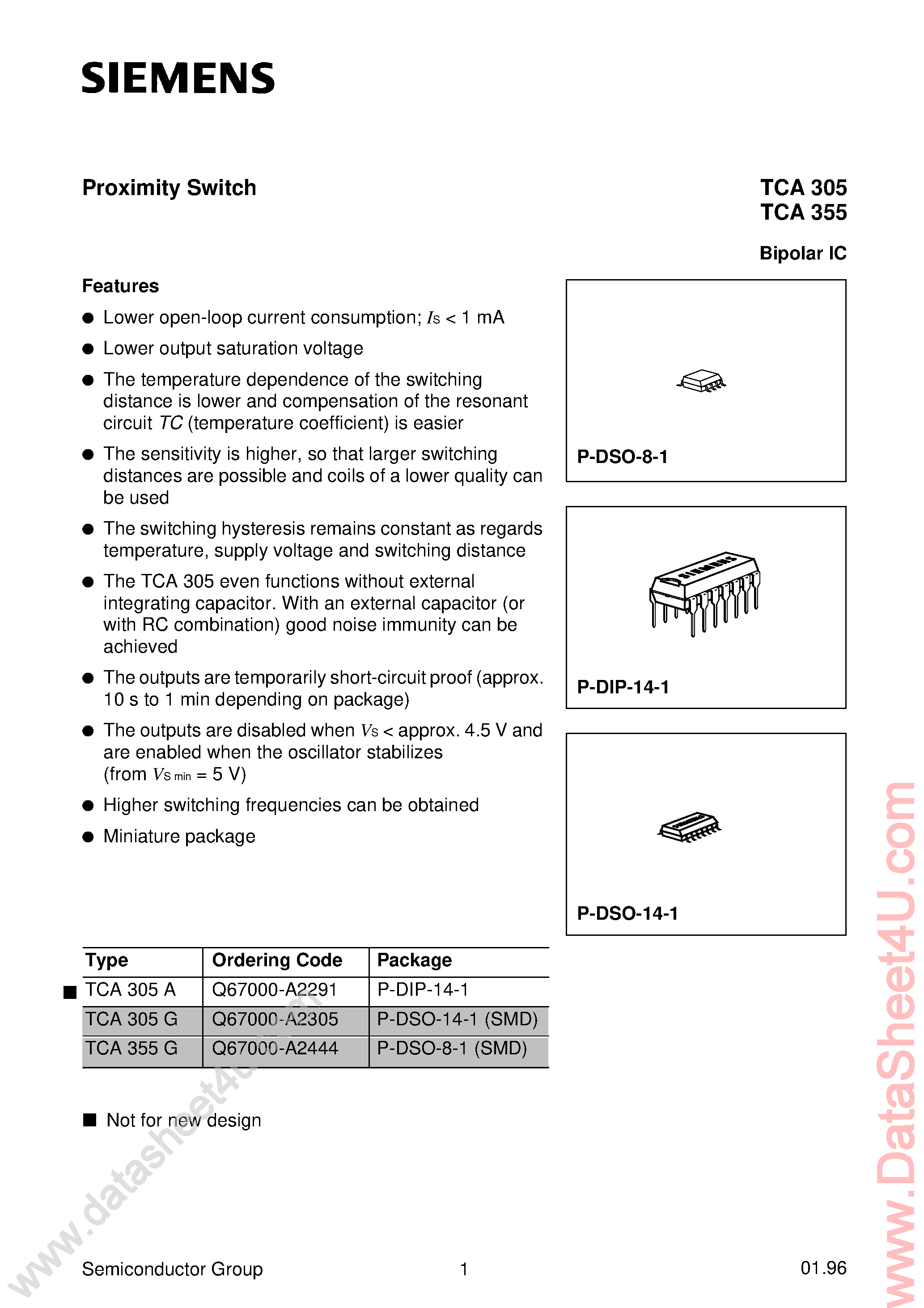 Datasheet TCA305 page 1 Datasheet TCA305 - (TCA305 / TCA355) Proximity Switch page 1