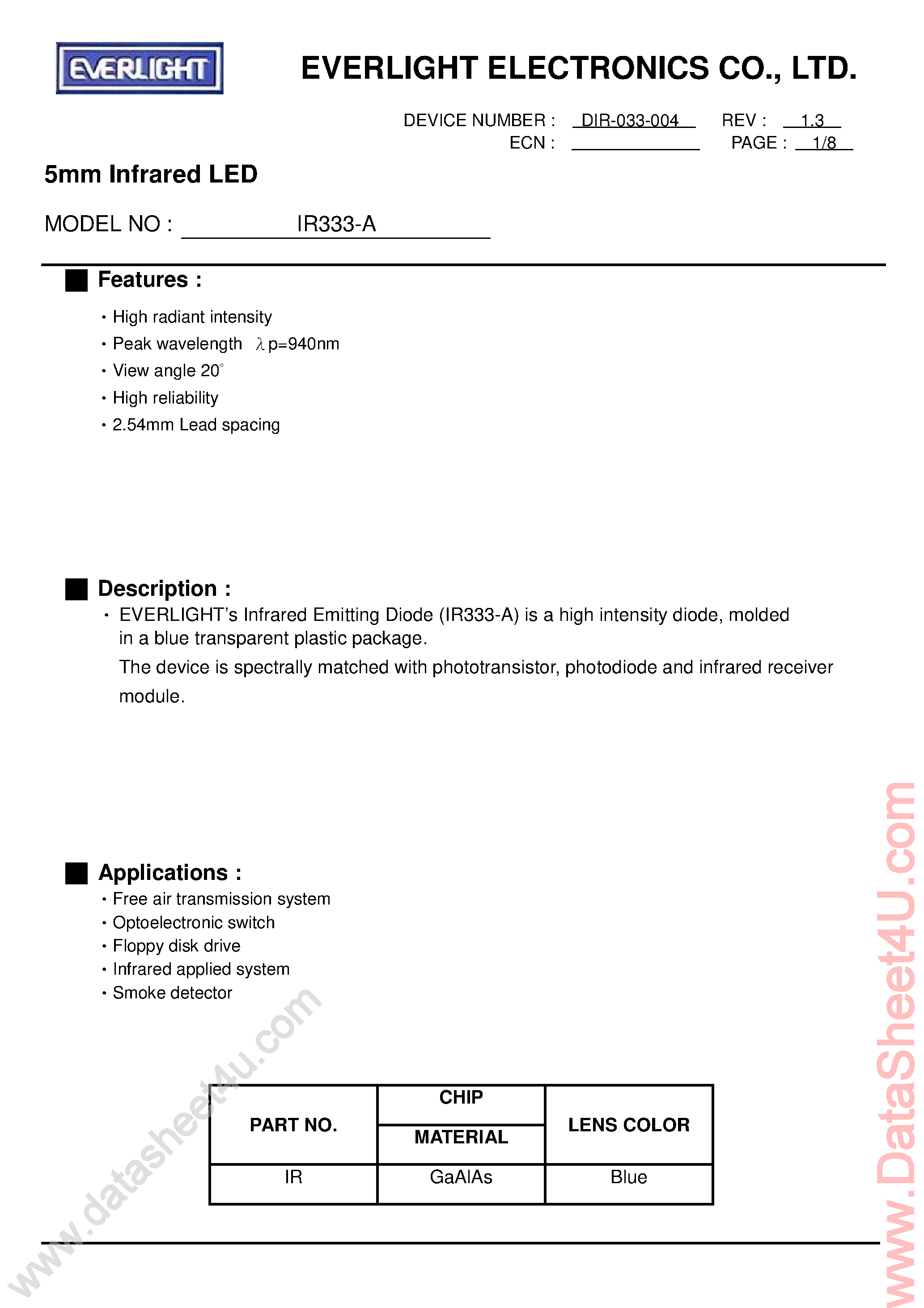 Datasheet IR333-A - 5mm Infrared LED page 1