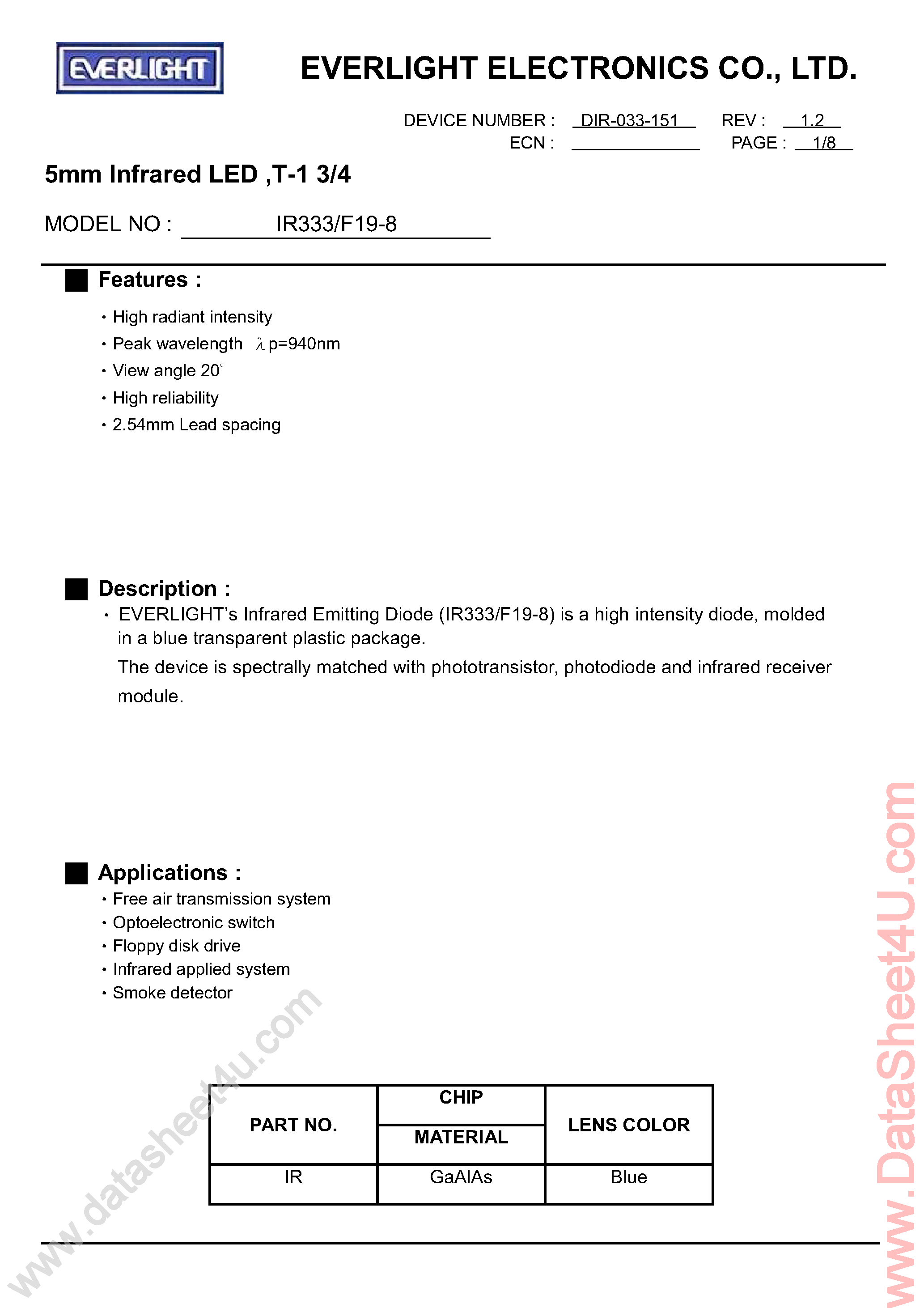 Datasheet IR333/F19-8 - 5mm Infrared LED page 1