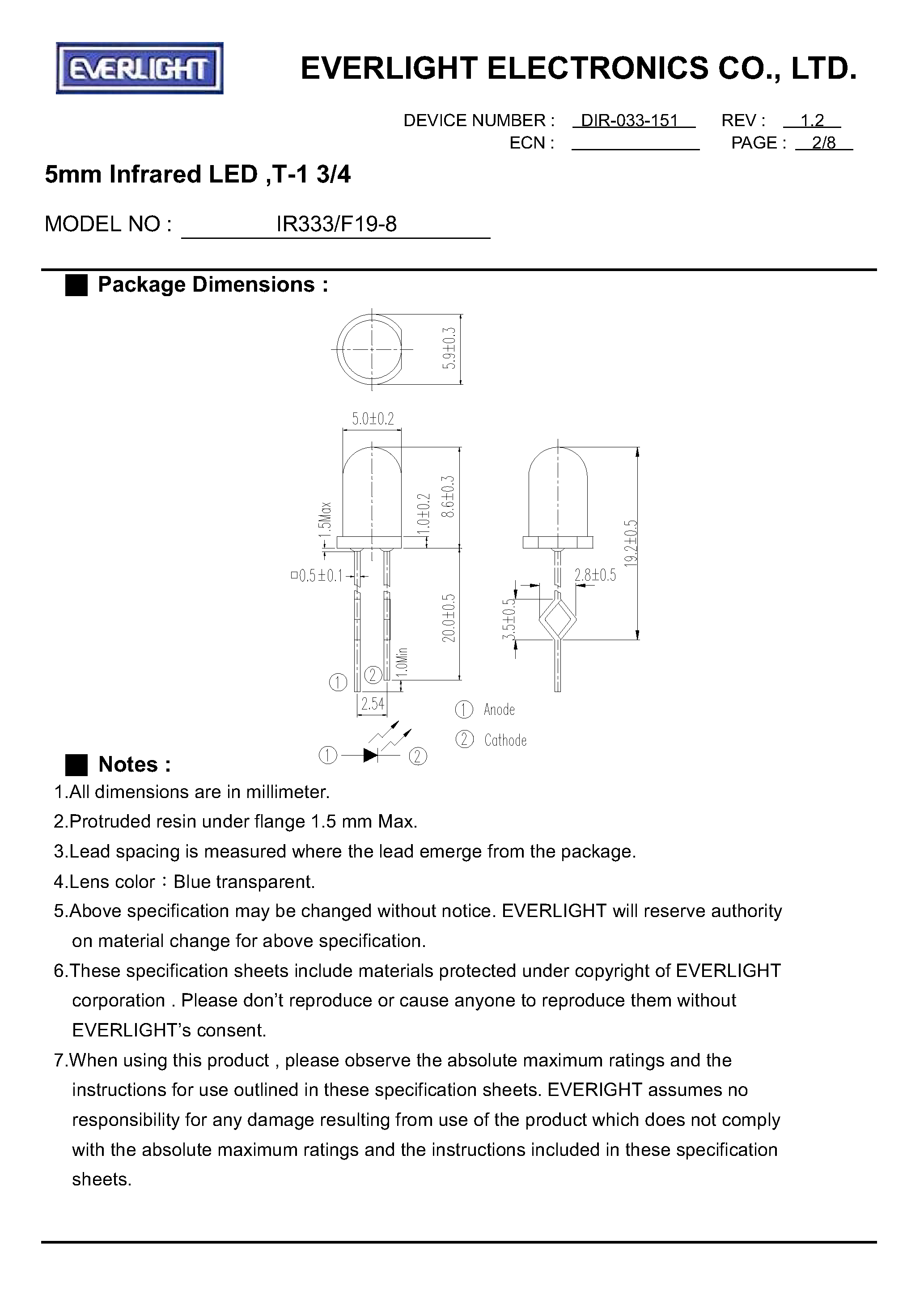 Datasheet IR333/F19-8 - 5mm Infrared LED page 2