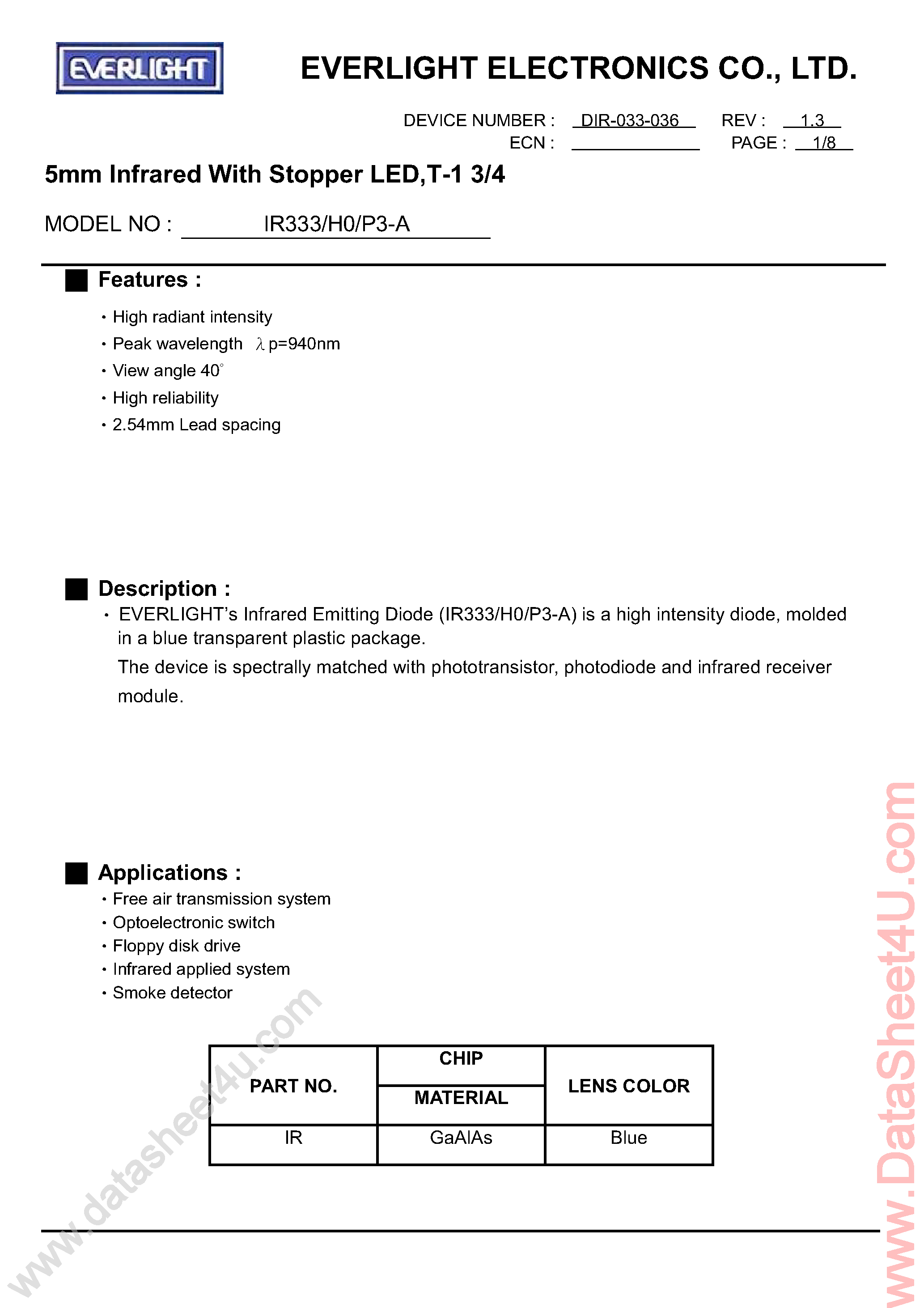 Datasheet IR333/H0-P3-A - 5mm Infrared LED page 1