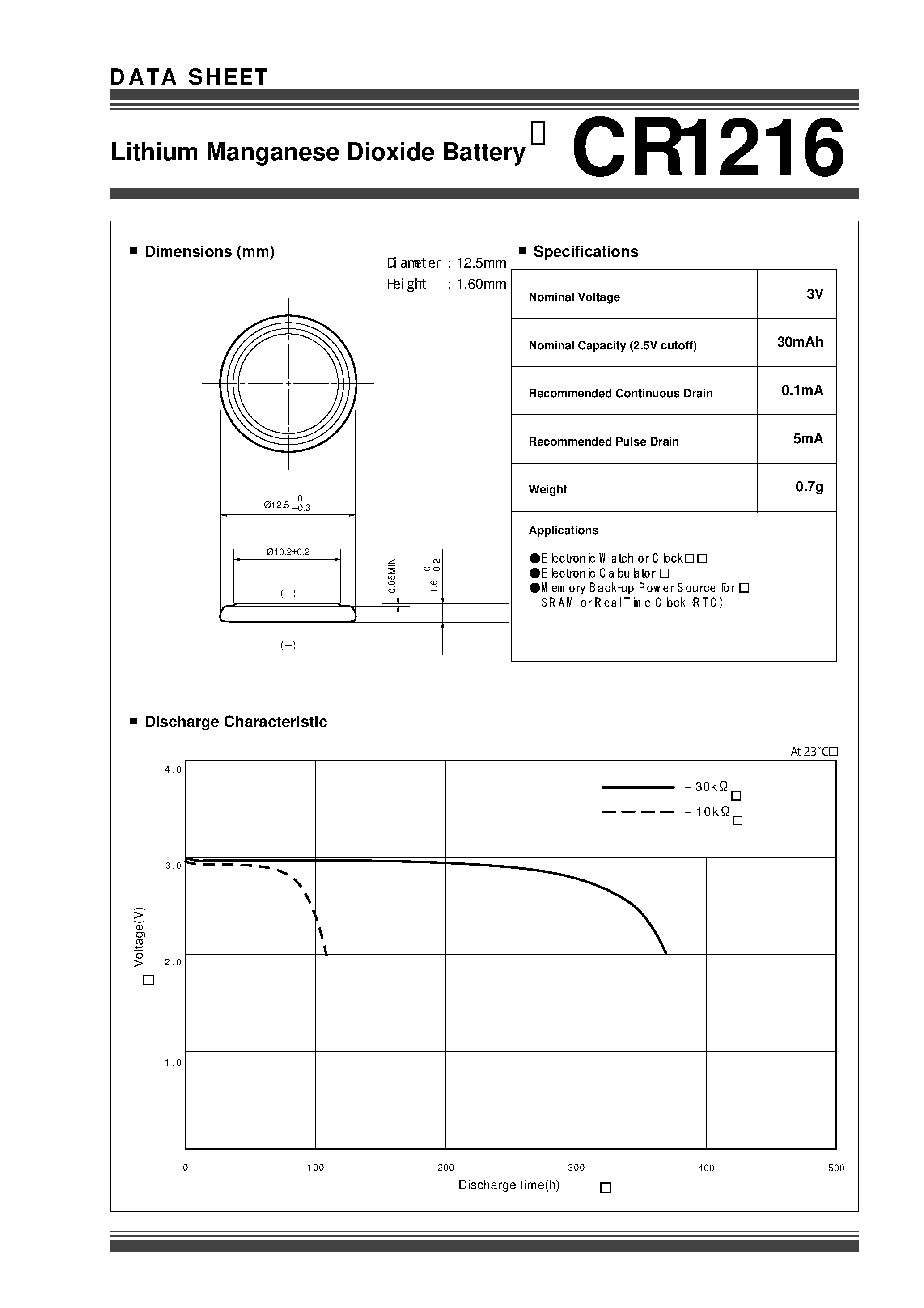 Datasheet CR1216 page 1 Datasheet CR1216 - Lithium Manganese Dioxide Battery page 1