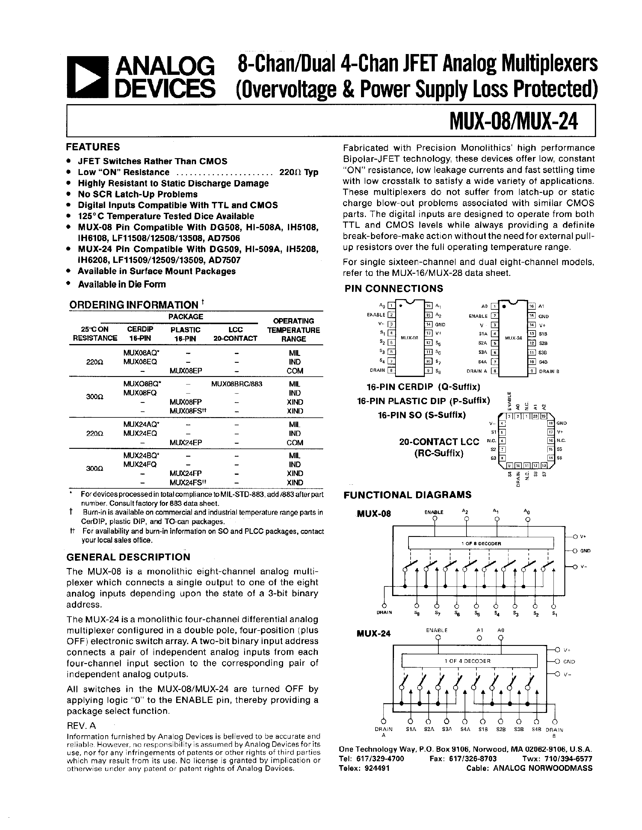 Даташит на микросхему MUX-08 страница 1 Даташит MUX-08 - (MUX-08 / MUX-24) 8-Chan/dual 4-Chan JFET Analog Multiplexers(Overvoltage & Power Supply loss Protected) страница 1