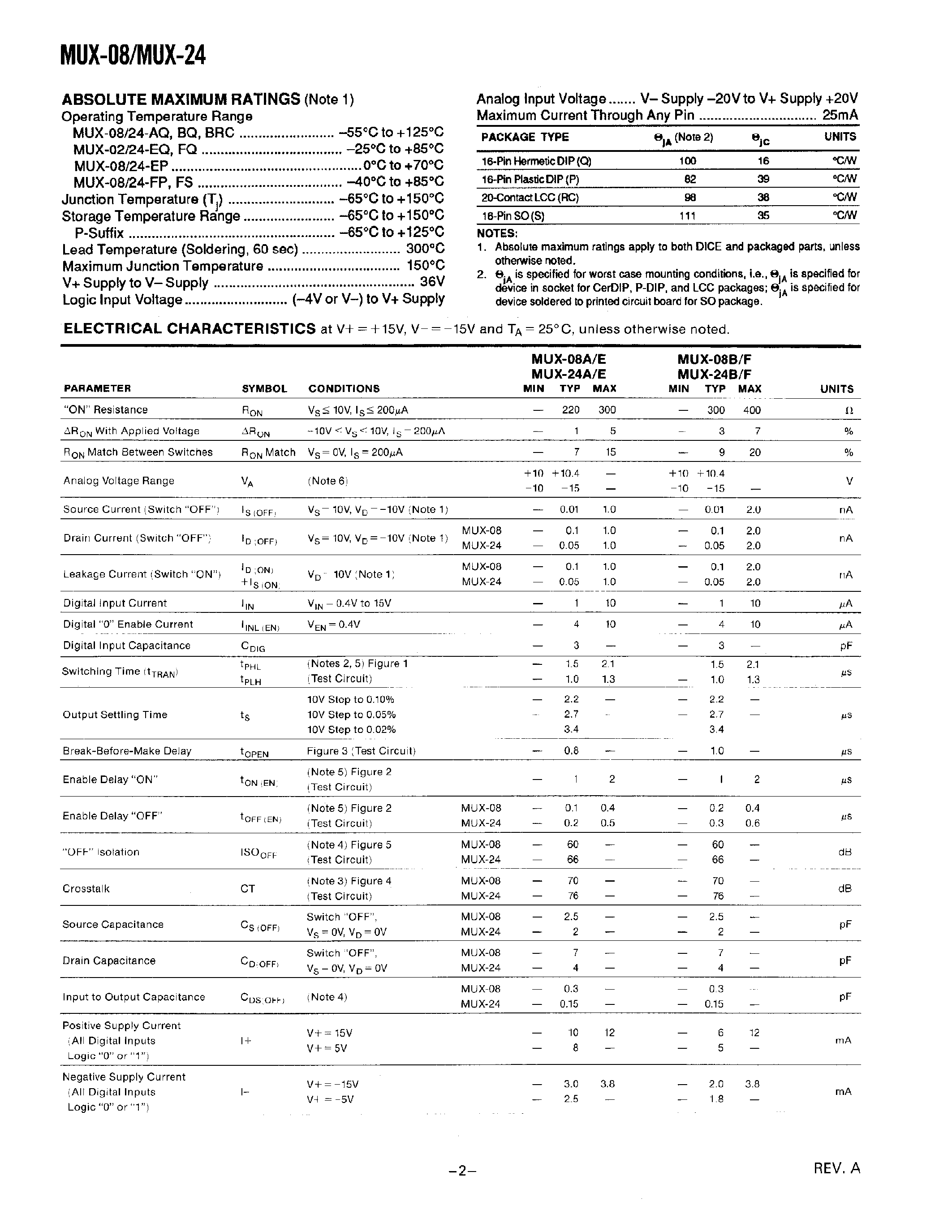 Даташит на микросхему MUX-08 страница 2 Даташит MUX-08 - (MUX-08 / MUX-24) 8-Chan/dual 4-Chan JFET Analog Multiplexers(Overvoltage & Power Supply loss Protected) страница 2