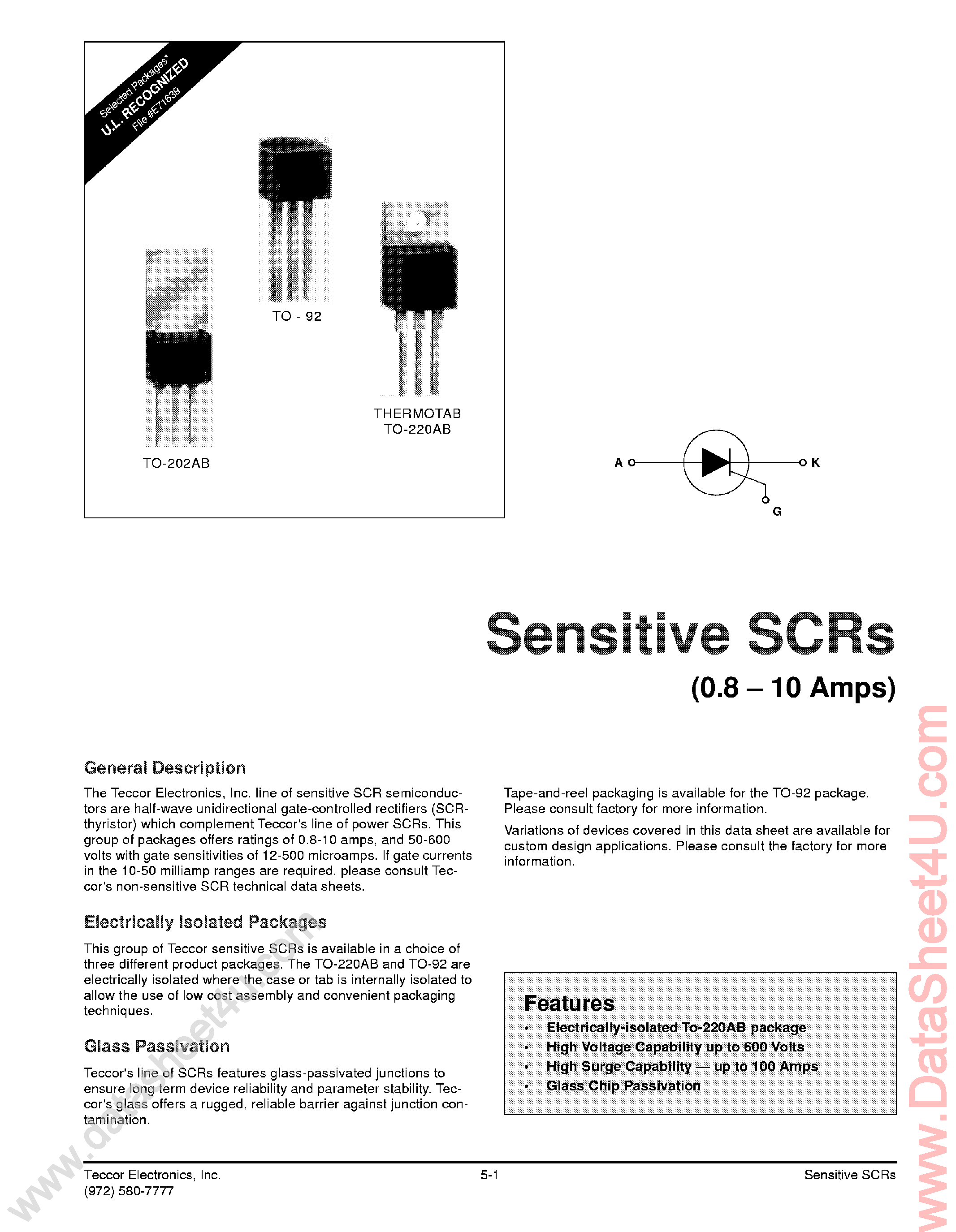 Datasheet T106A1 page 1 Datasheet T106A1 - (T10x) SILICON CONTROLLED RECTIFIER page 1