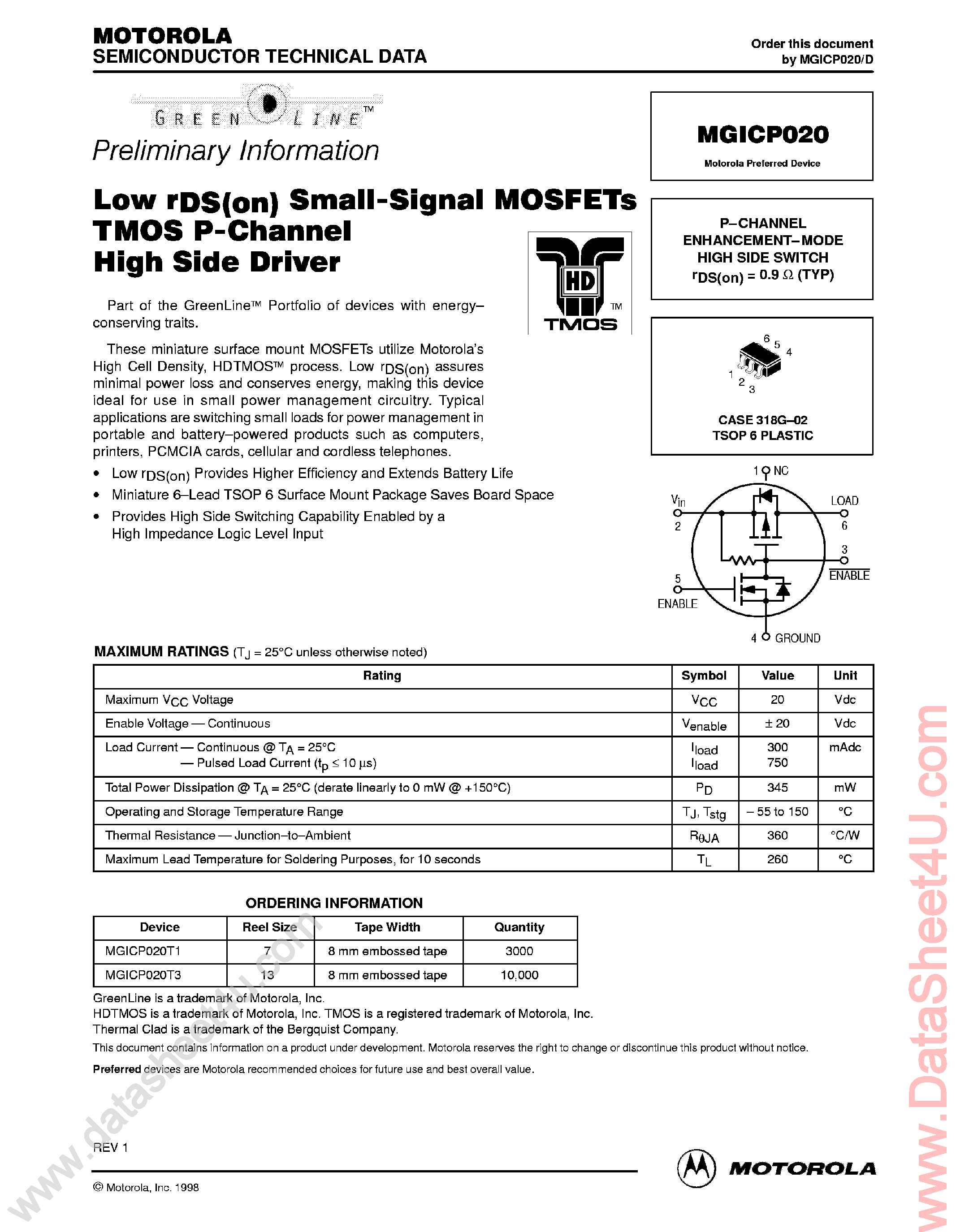 Даташит MGICP020 - Low rDS Small Signal MOSFET TMOS P-Channel High Side Driver страница 1