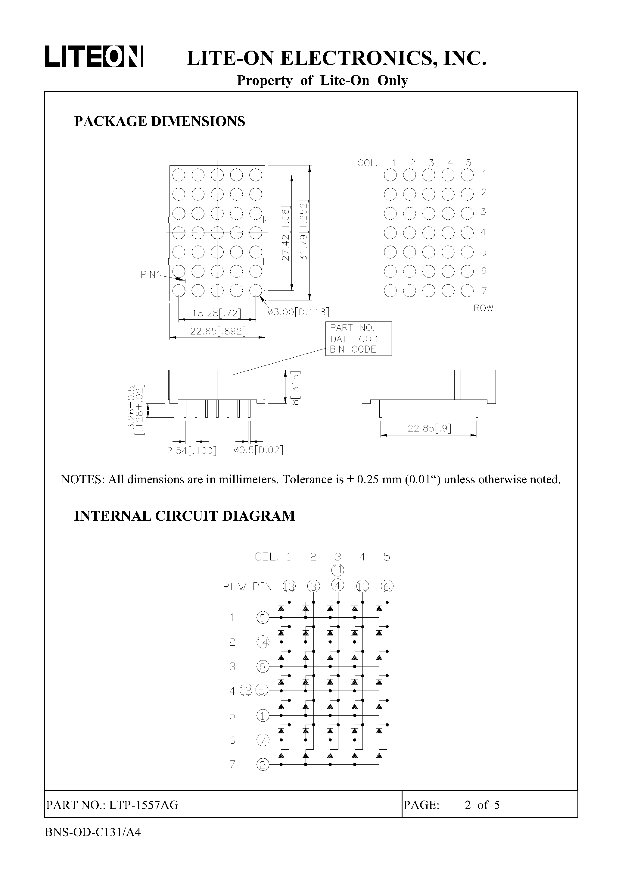 Даташит на микросхему LTP-1557AG страница 2 Даташит LTP-1557AG - 5 X 7 DOT MATRIX LED DISPLAY страница 2