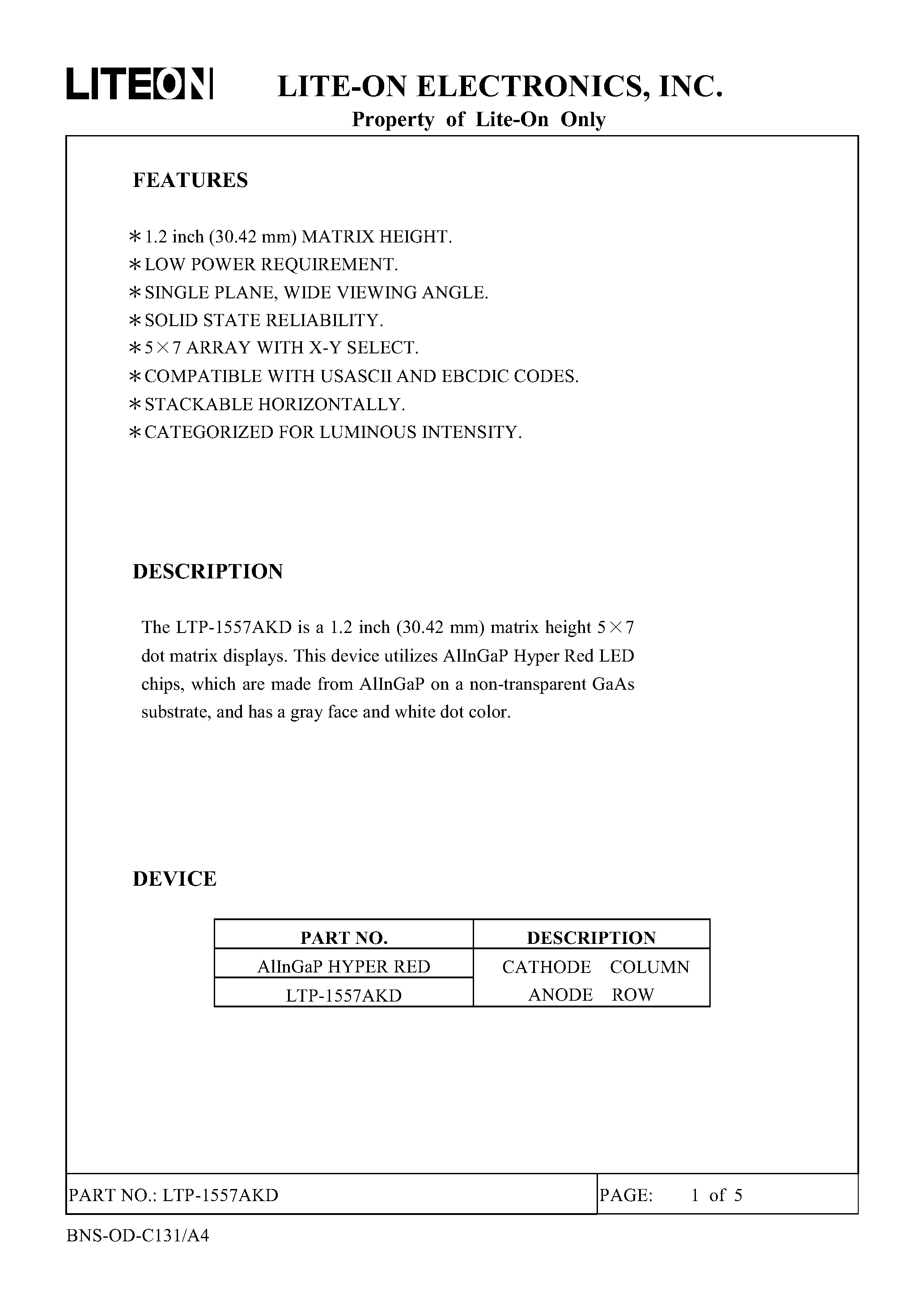 Даташит на микросхему LTP-1557AKD страница 1 Даташит LTP-1557AKD - 5 X 7 DOT MATRIX LED DISPLAY страница 1