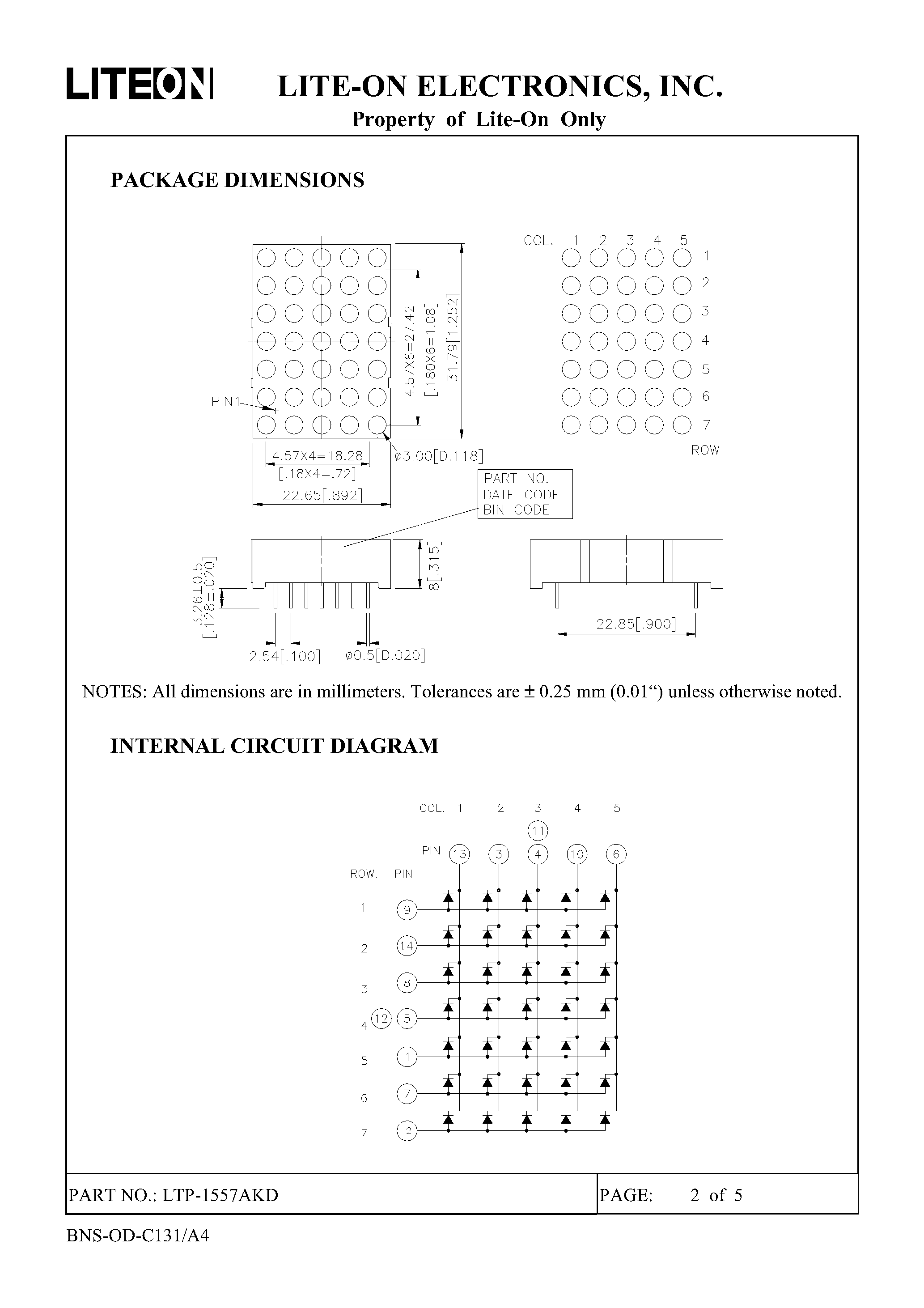 Даташит на микросхему LTP-1557AKD страница 2 Даташит LTP-1557AKD - 5 X 7 DOT MATRIX LED DISPLAY страница 2