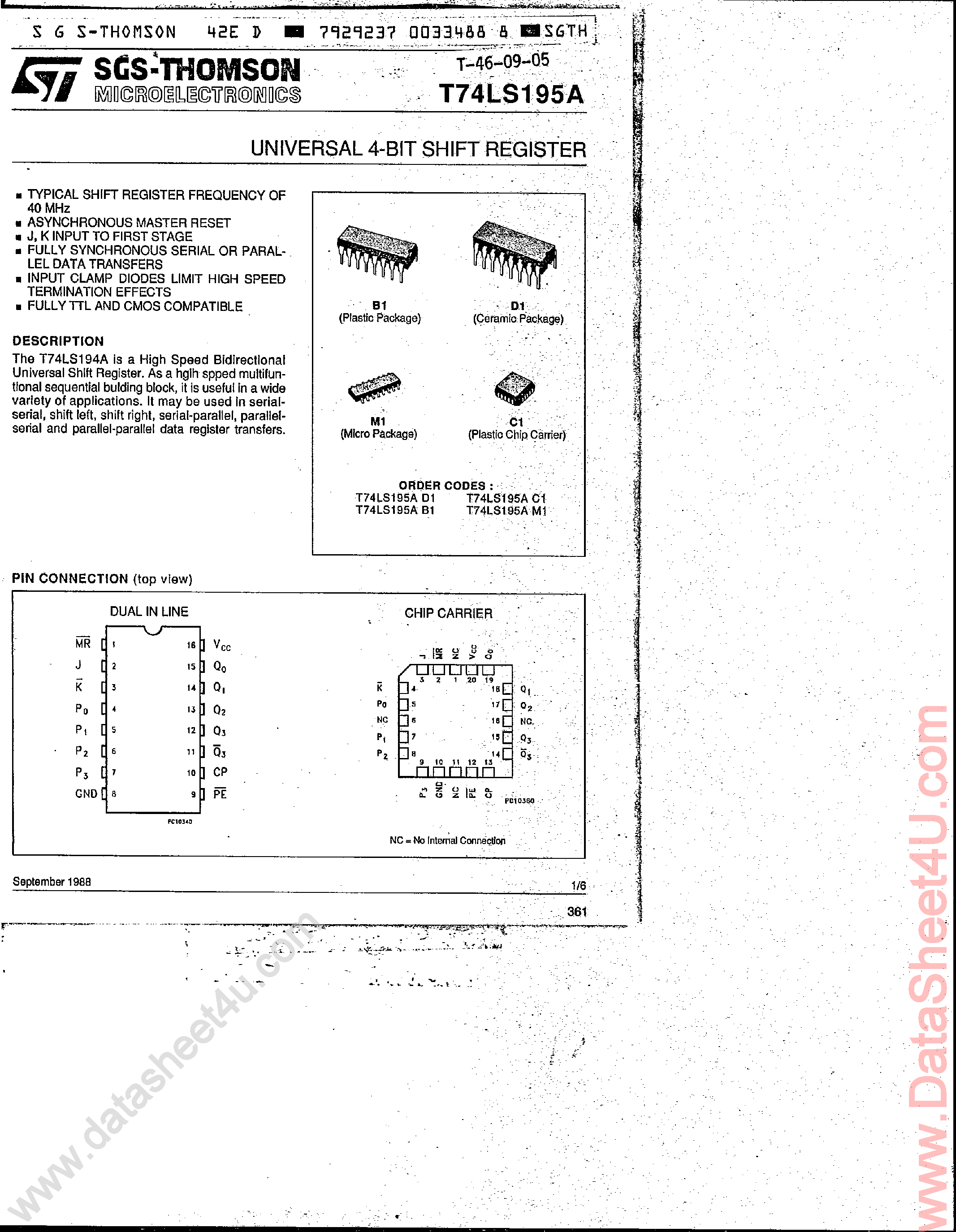 Datasheet T74LS195A - Universal 4-Bit Shift Register page 1
