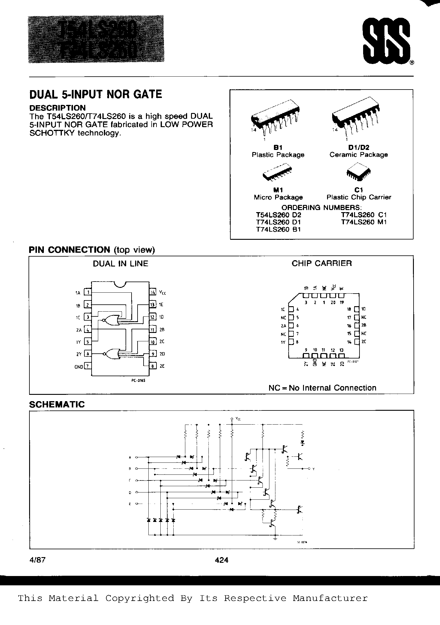 Datasheet T74LS260 - DUAL 5 INPUT NOR GATE page 1