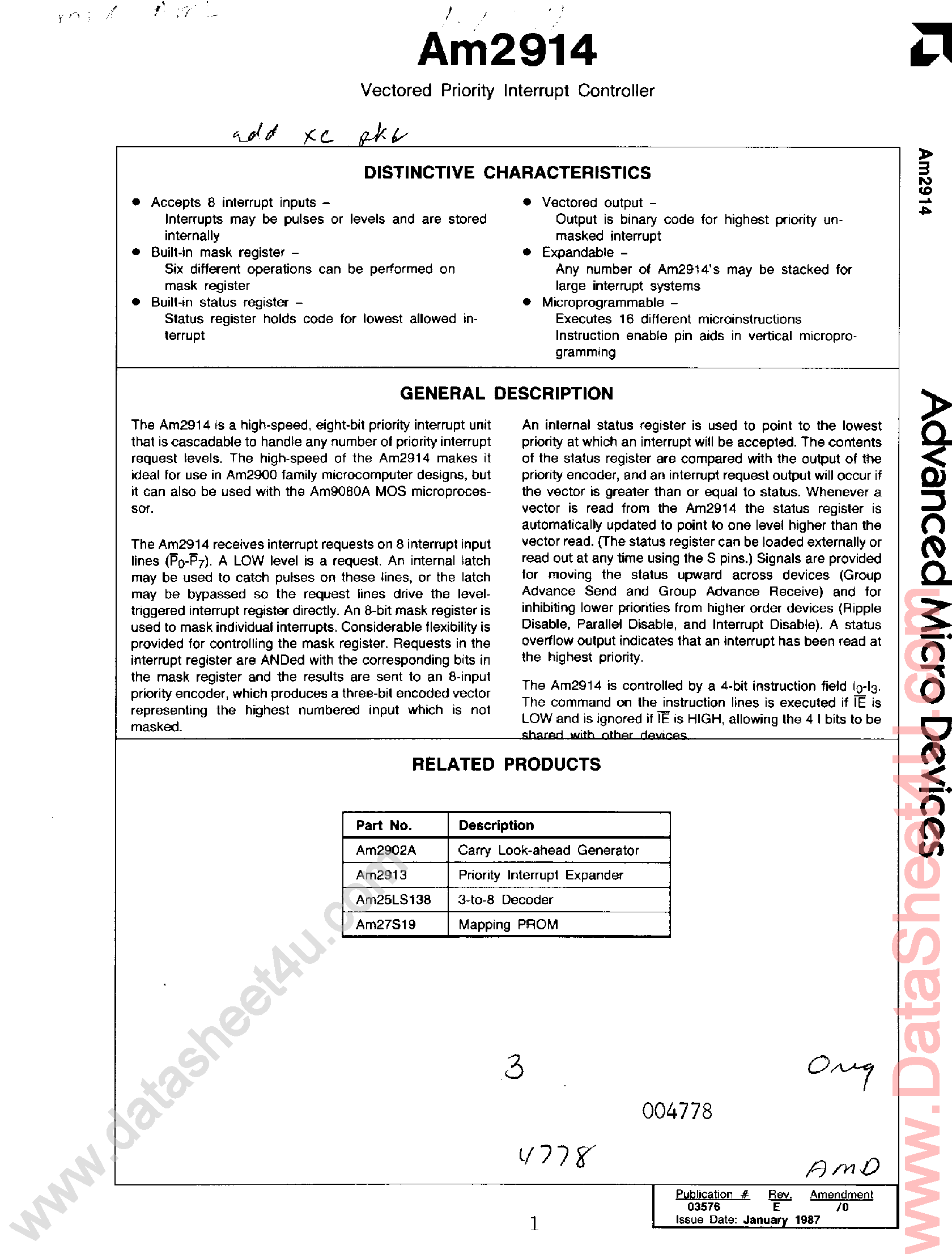 Datasheet AM2914 - Vectored Priority Interrupt Controller page 1