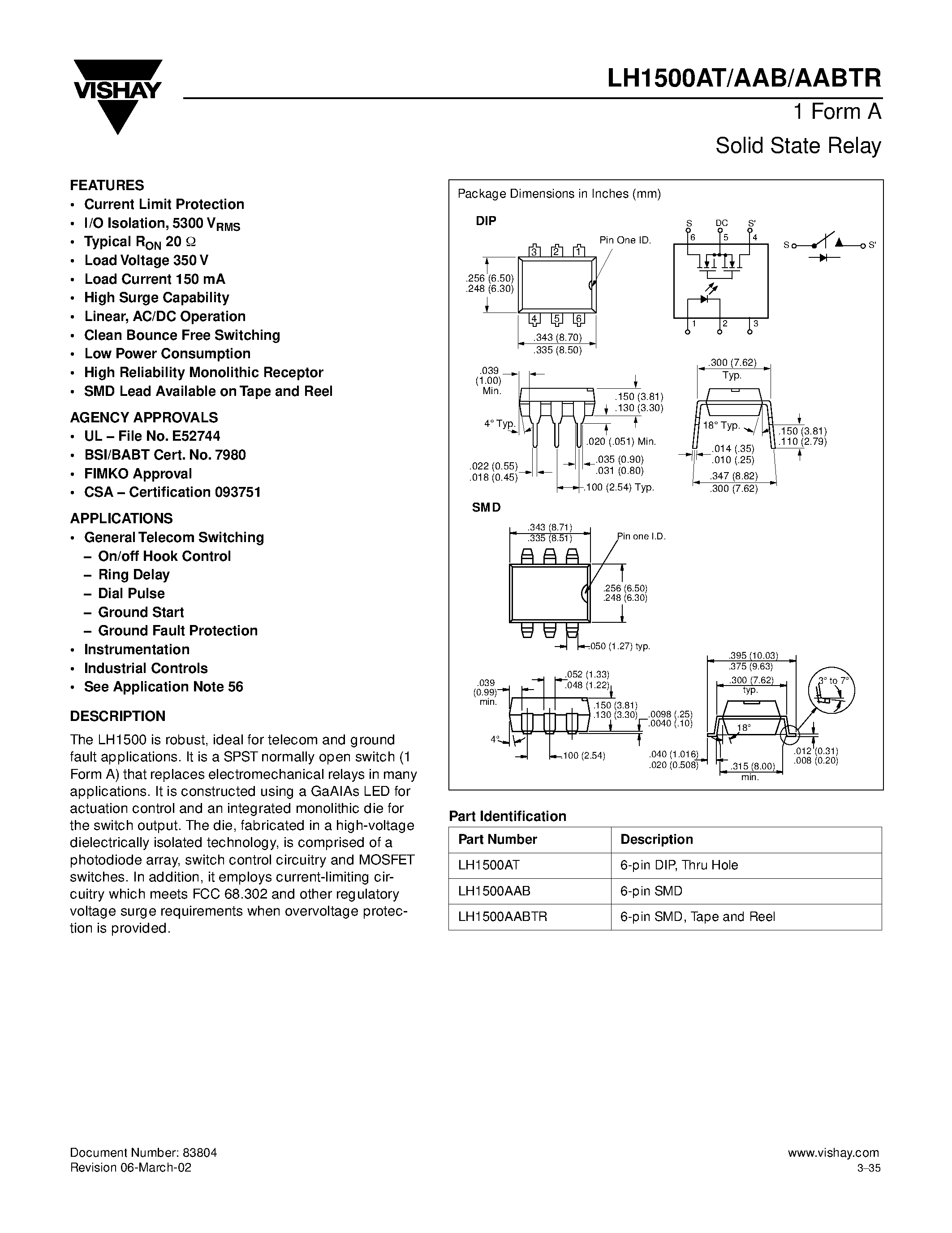 Даташит LH1500AAB - (LH1500AAB/AT/AABTR) Solid State Relay страница 1