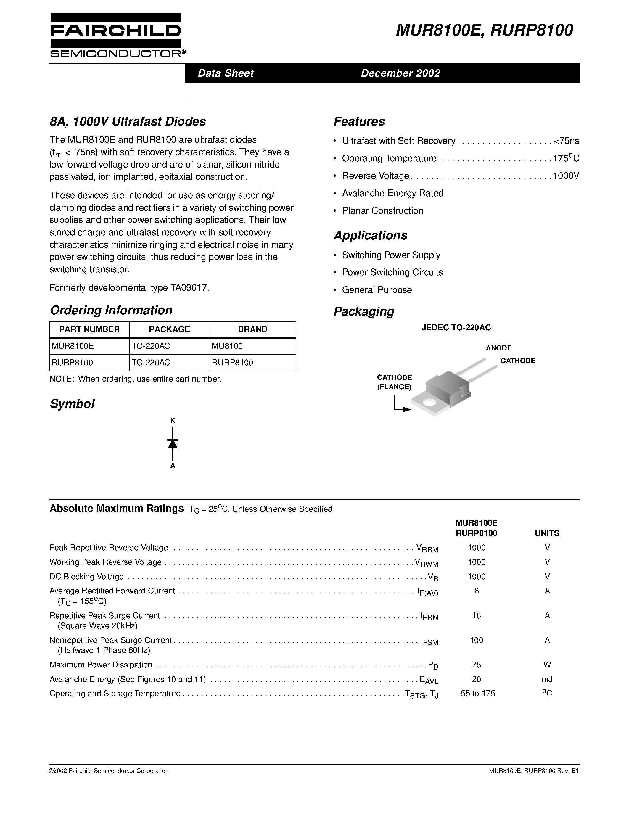 Даташит MUR8100E - (MUR8100E / MURP810) 8A / 1000V Ultrafast Diodes страница 1
