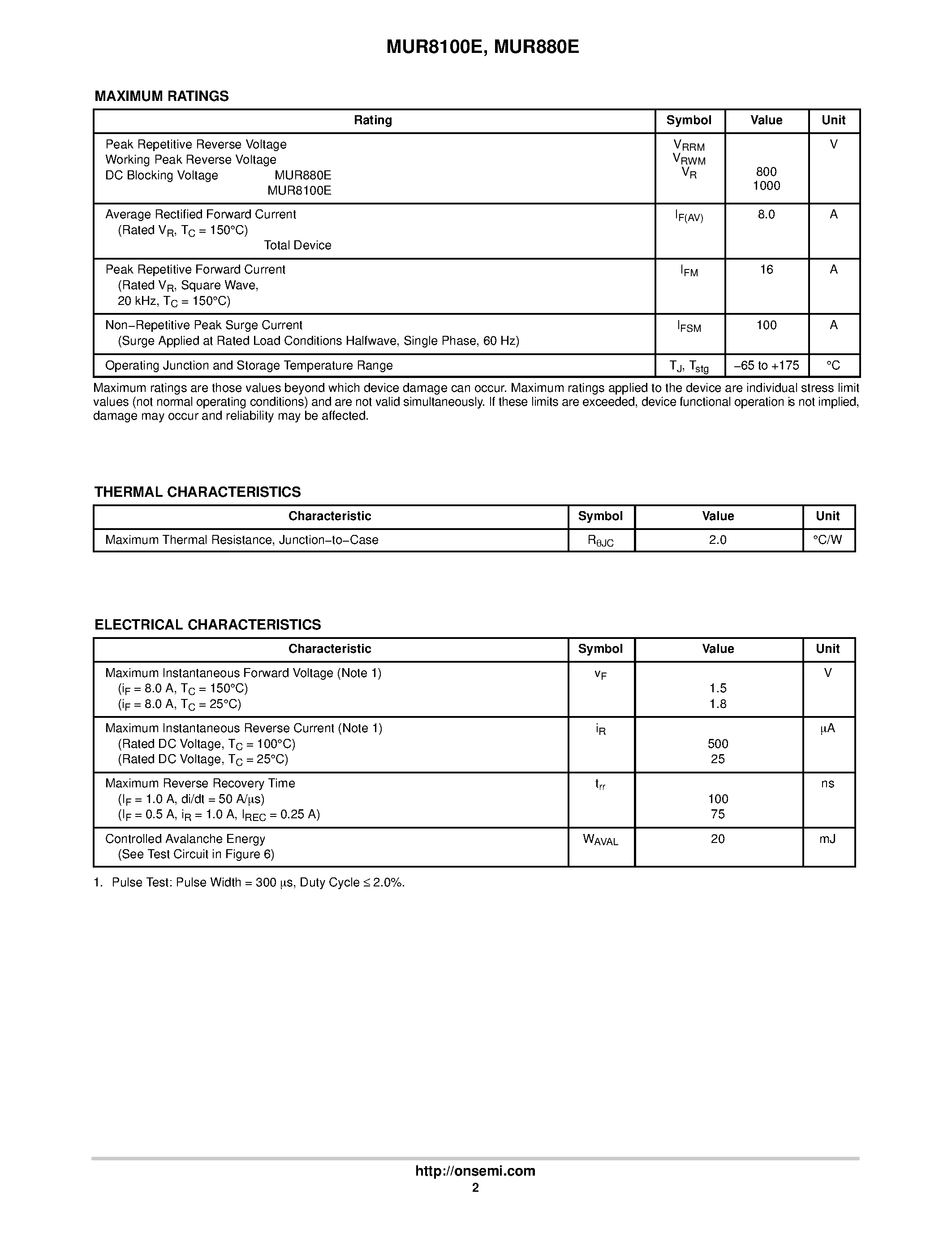 Datasheet MUR8100E page 2 Datasheet MUR8100E - (MUR8100E / MUR880E) SWITCHMODE Power Rectifiers page 2