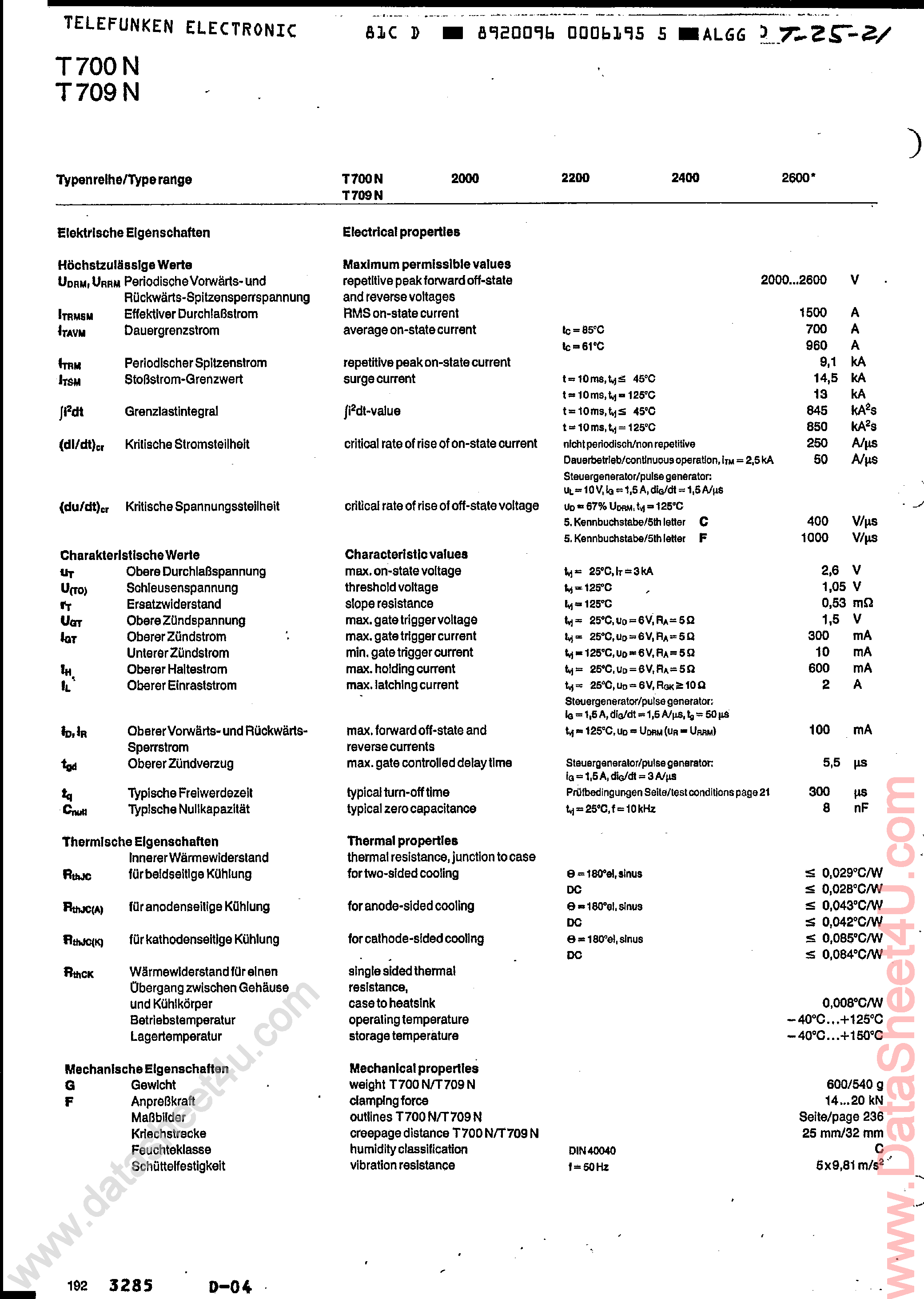 Datasheet T700N page 1 Datasheet T700N - (T709N / T700N) SILICON CONTROLLED RECTIFIER page 1