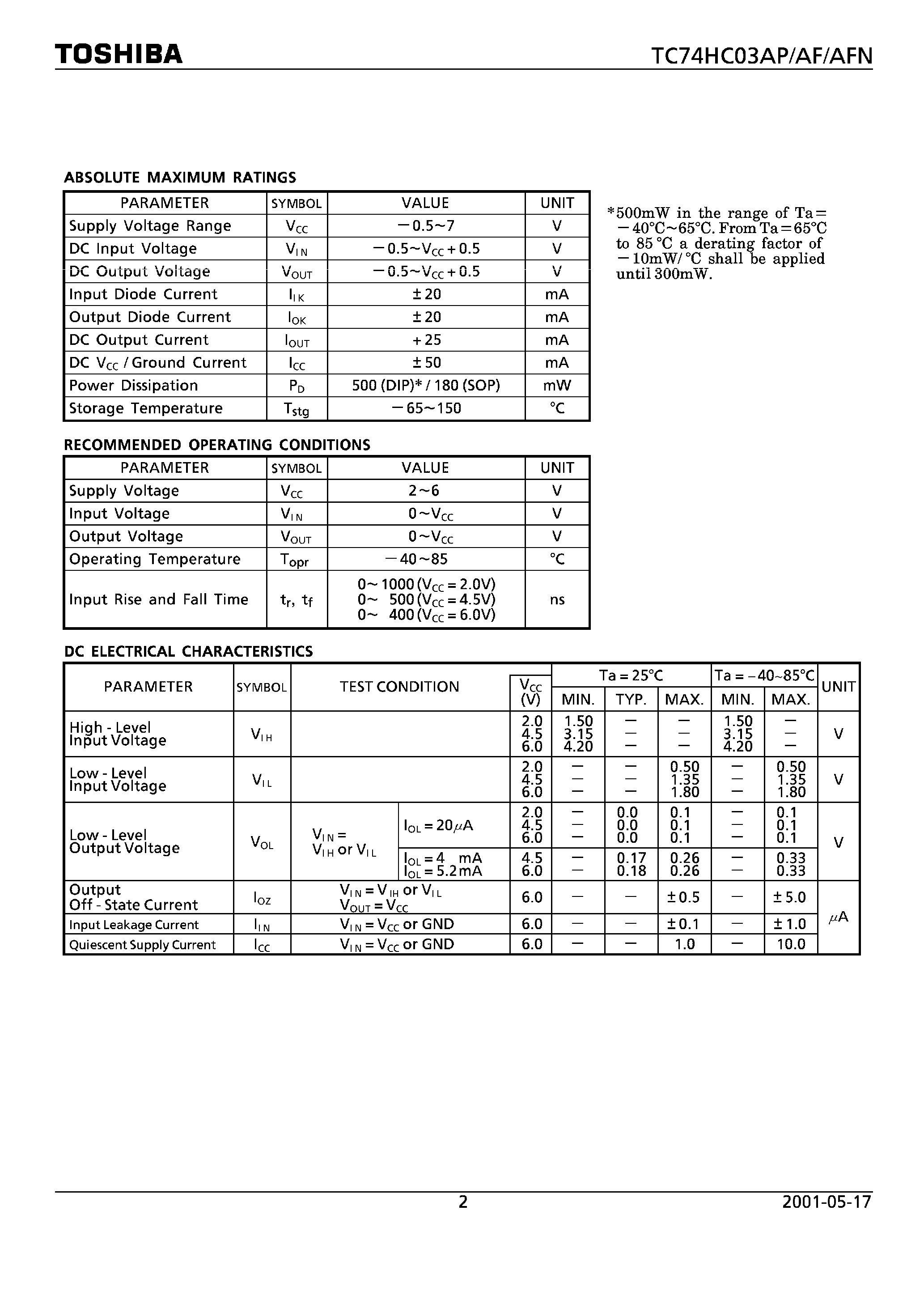 Datasheet TC74HC03AF - (TC74HC03xx) QUAD 2 INPUT NAND GATE page 2