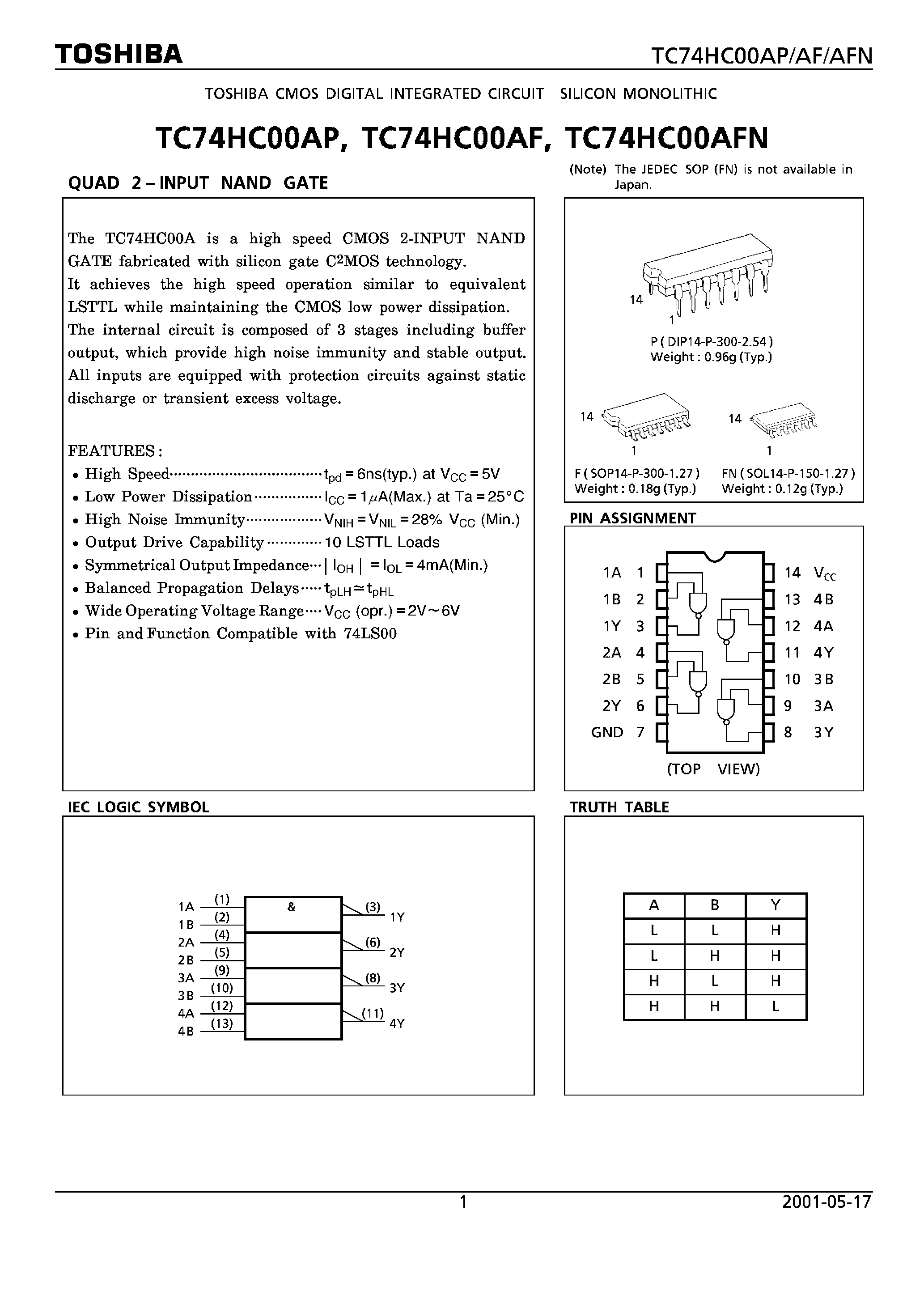 Datasheet TC74HC00AF - (TC74HC00xx) QUAD 2 INPUT NAND GATE page 1