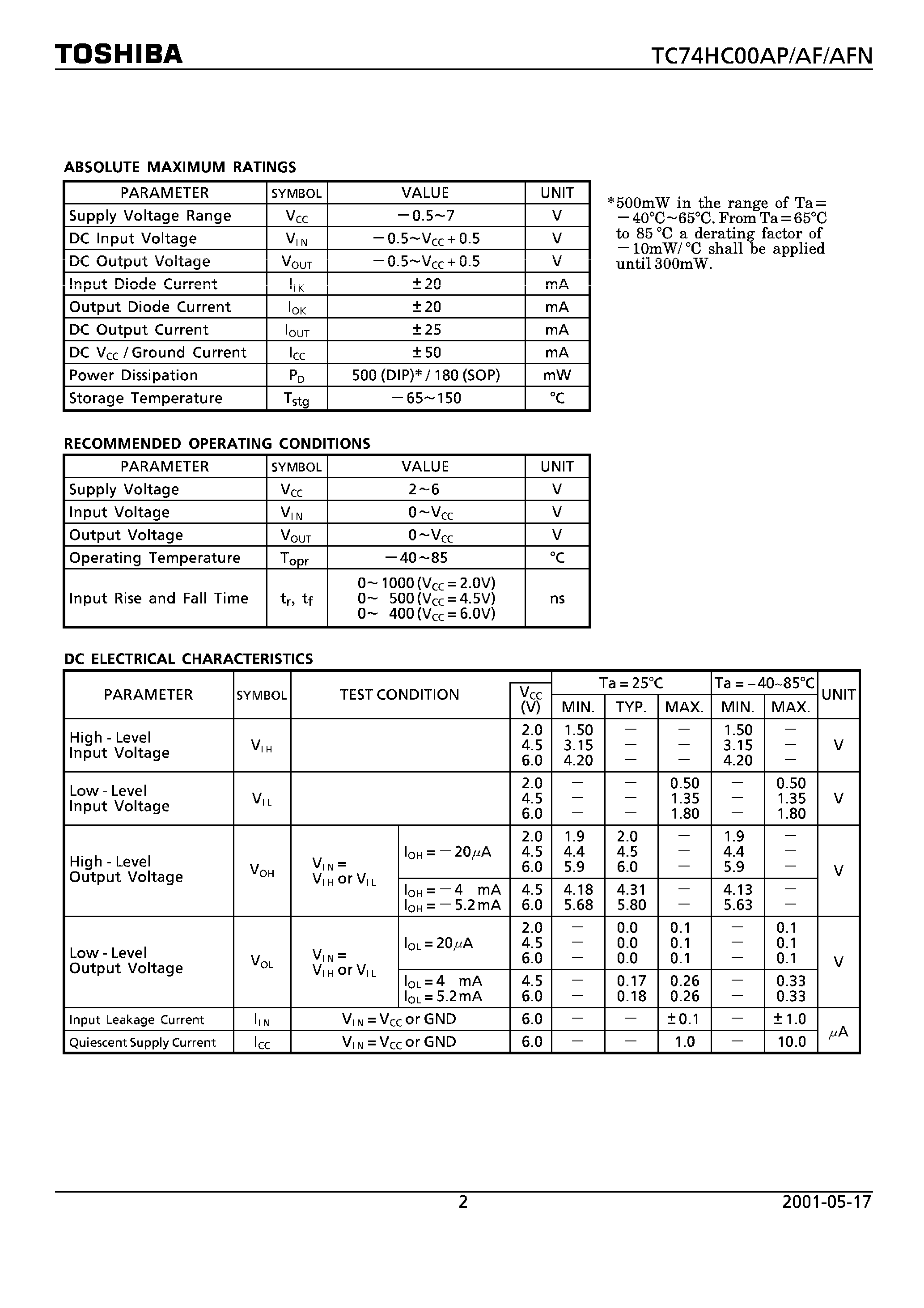 Datasheet TC74HC00AF - (TC74HC00xx) QUAD 2 INPUT NAND GATE page 2