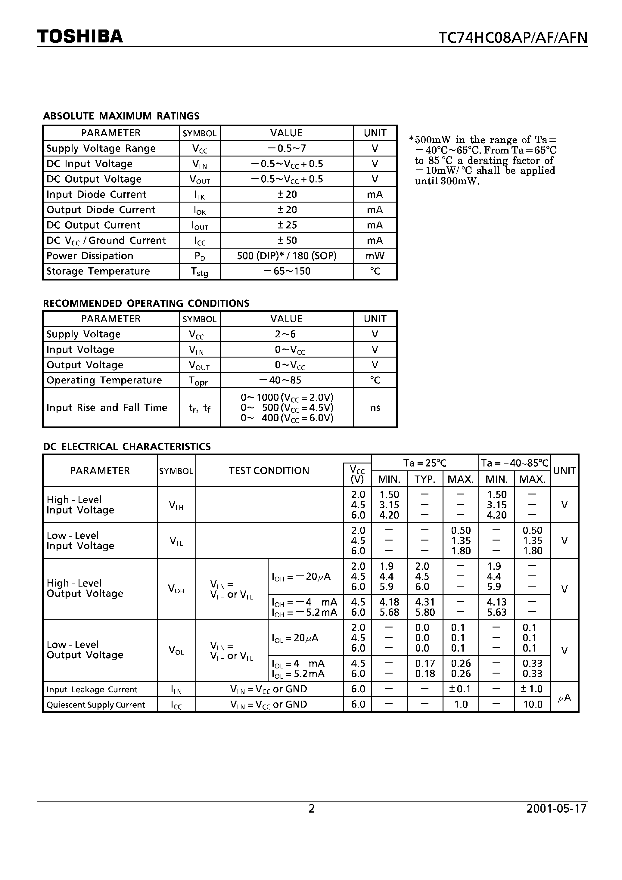 Datasheet TC74HC08AF - (TC74HC08xx) QUAD 2-INPUT AND GATE page 2