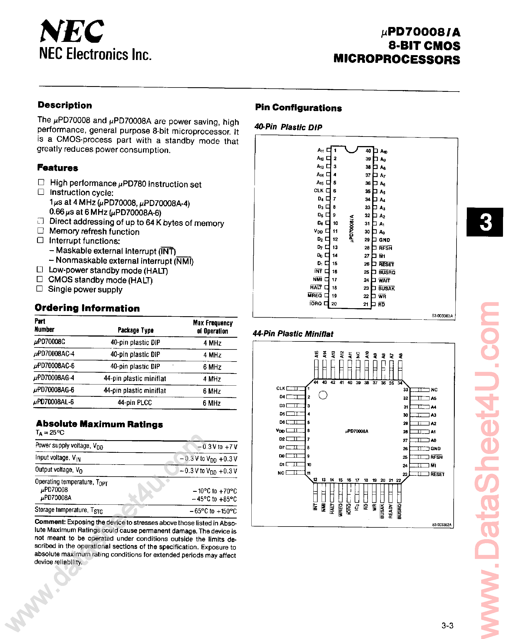 Даташит UPD70008 - 8-Bit CMOS Microprocessors страница 1
