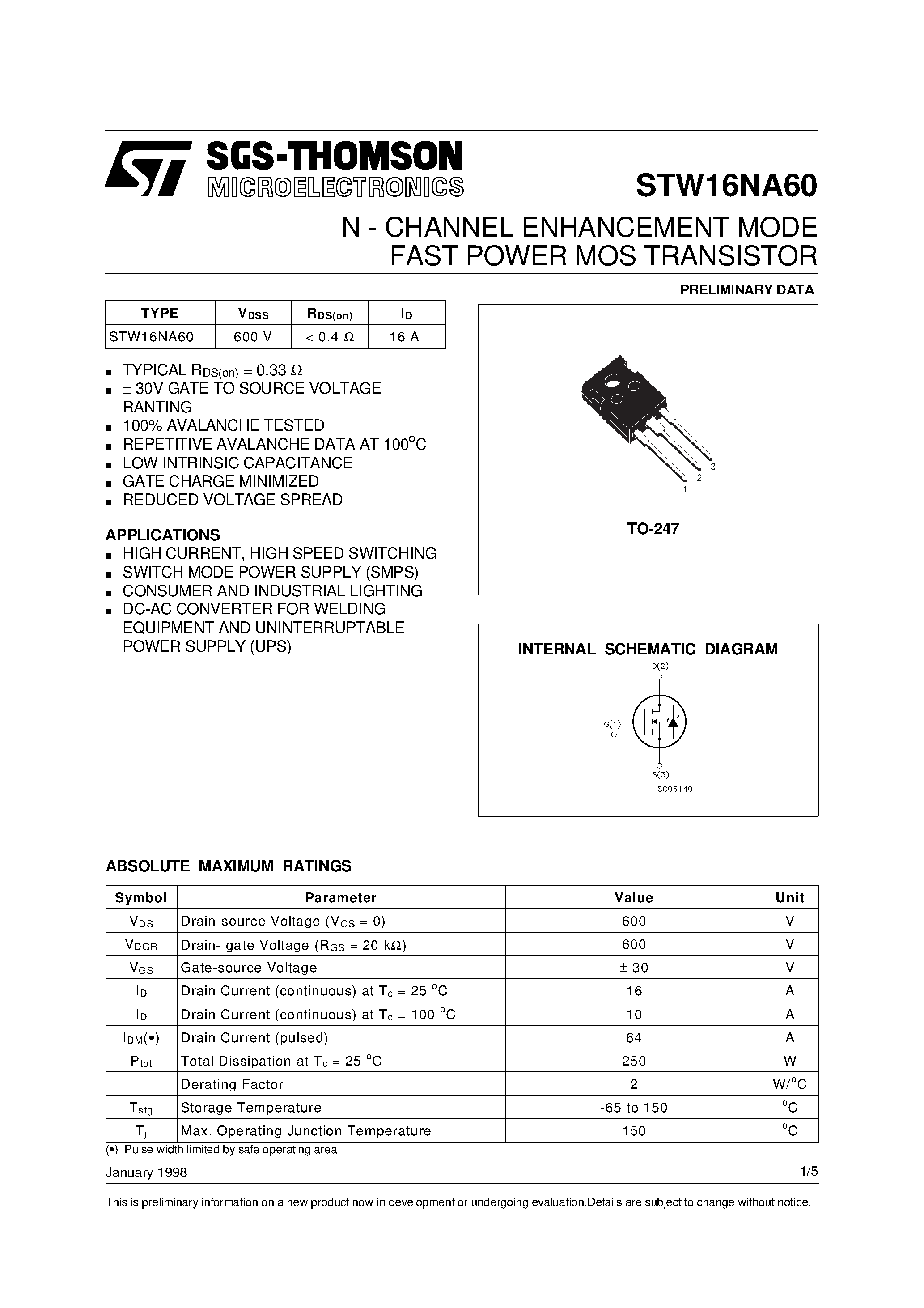 Datasheet STW16NA60 - N - CHANNEL ENHANCEMENT MODE FAST POWER MOS TRANSISTOR page 1