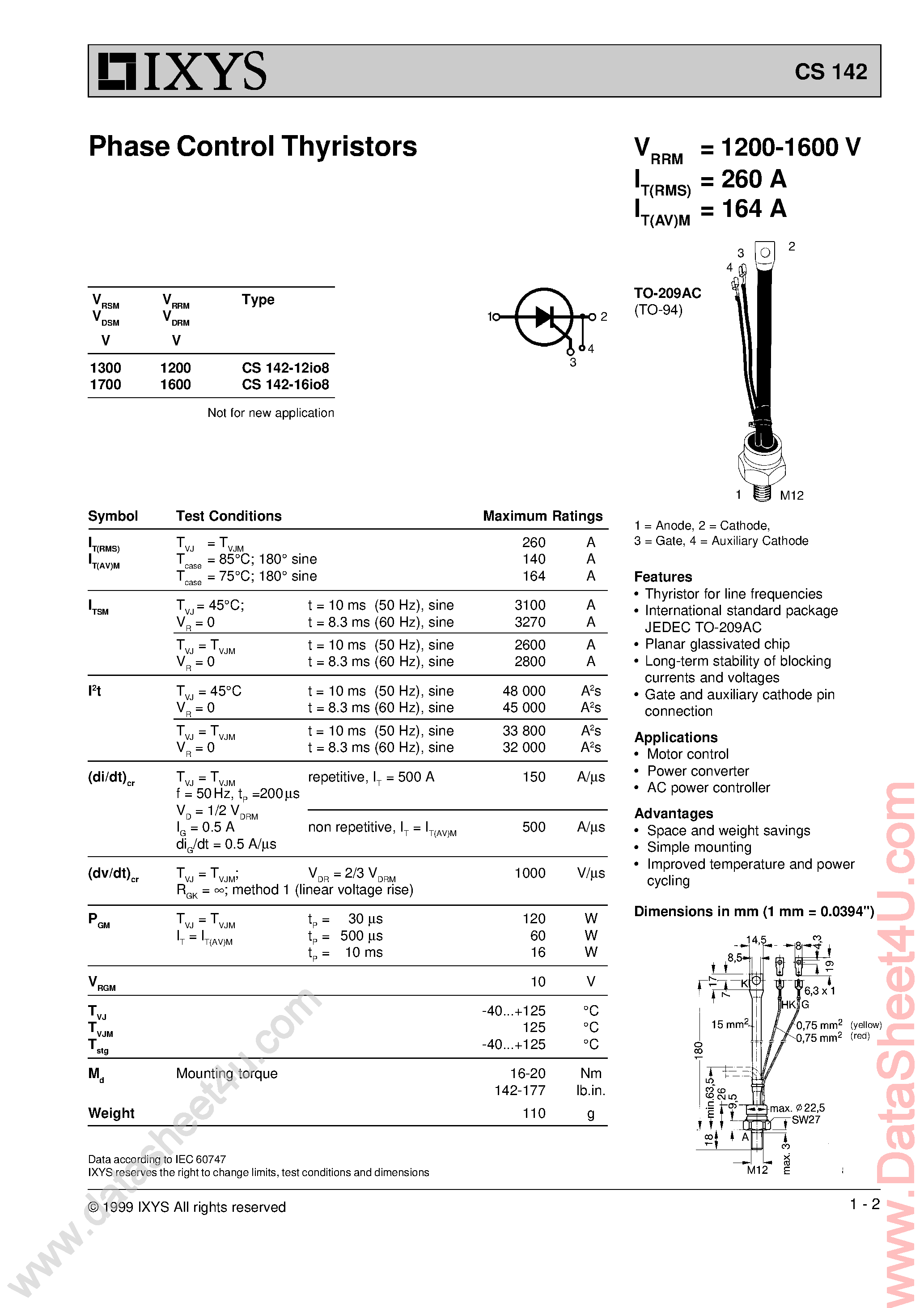 Даташит на микросхему CS142 страница 1 Даташит CS142 - Phase Control Thyristor страница 1