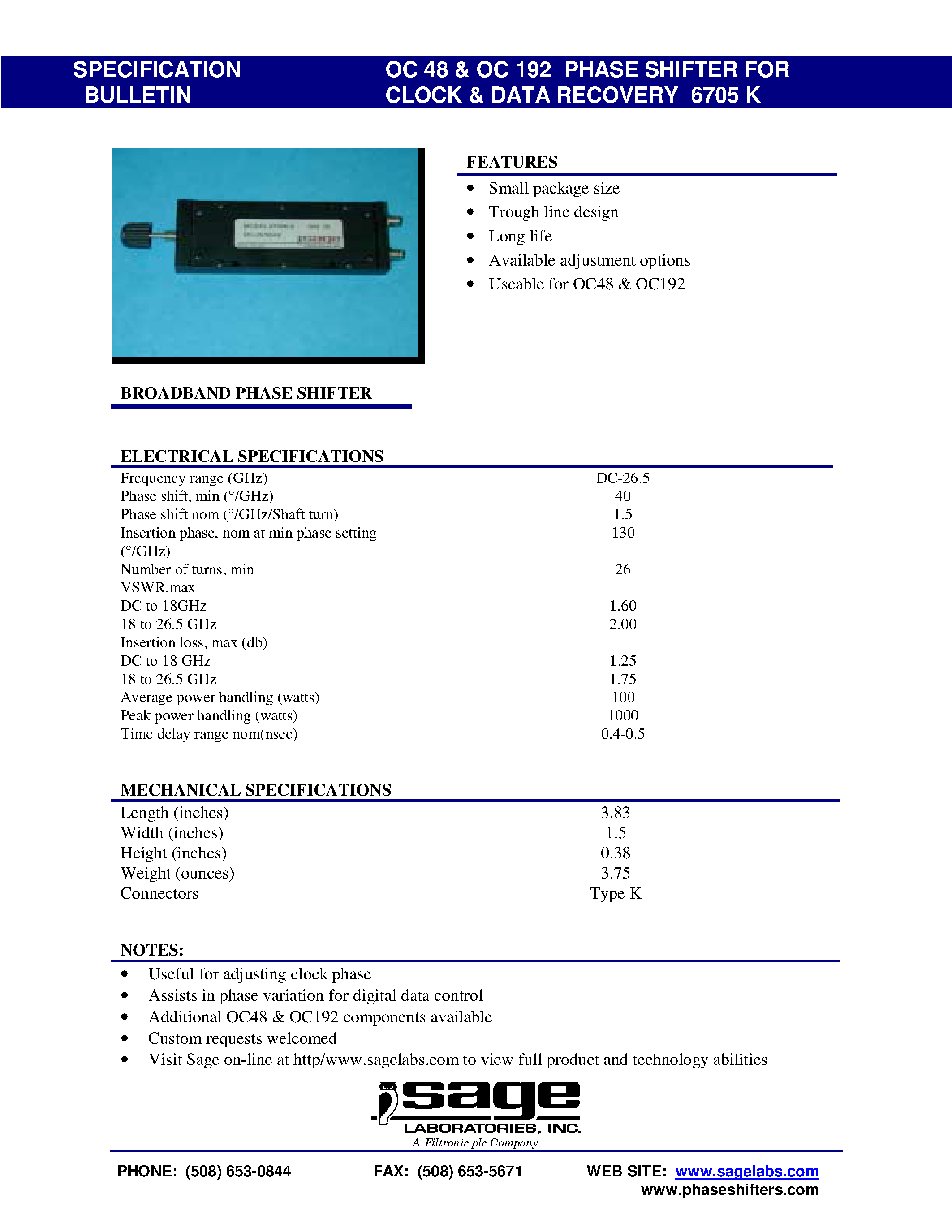 Datasheet OC48 page 1 Datasheet OC48 - OC 48 & OC 192 PHASE SHIFTER FOR CLOCK & DATA RECOVERY 6705 K page 1