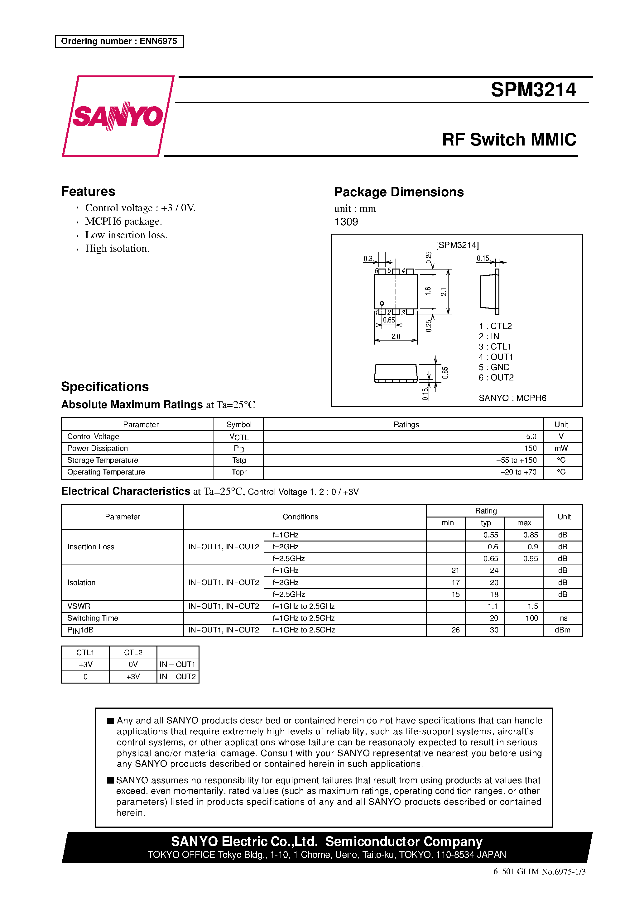 Datasheet SPM3214 page 1 Datasheet SPM3214 - RF Switch MMIC page 1