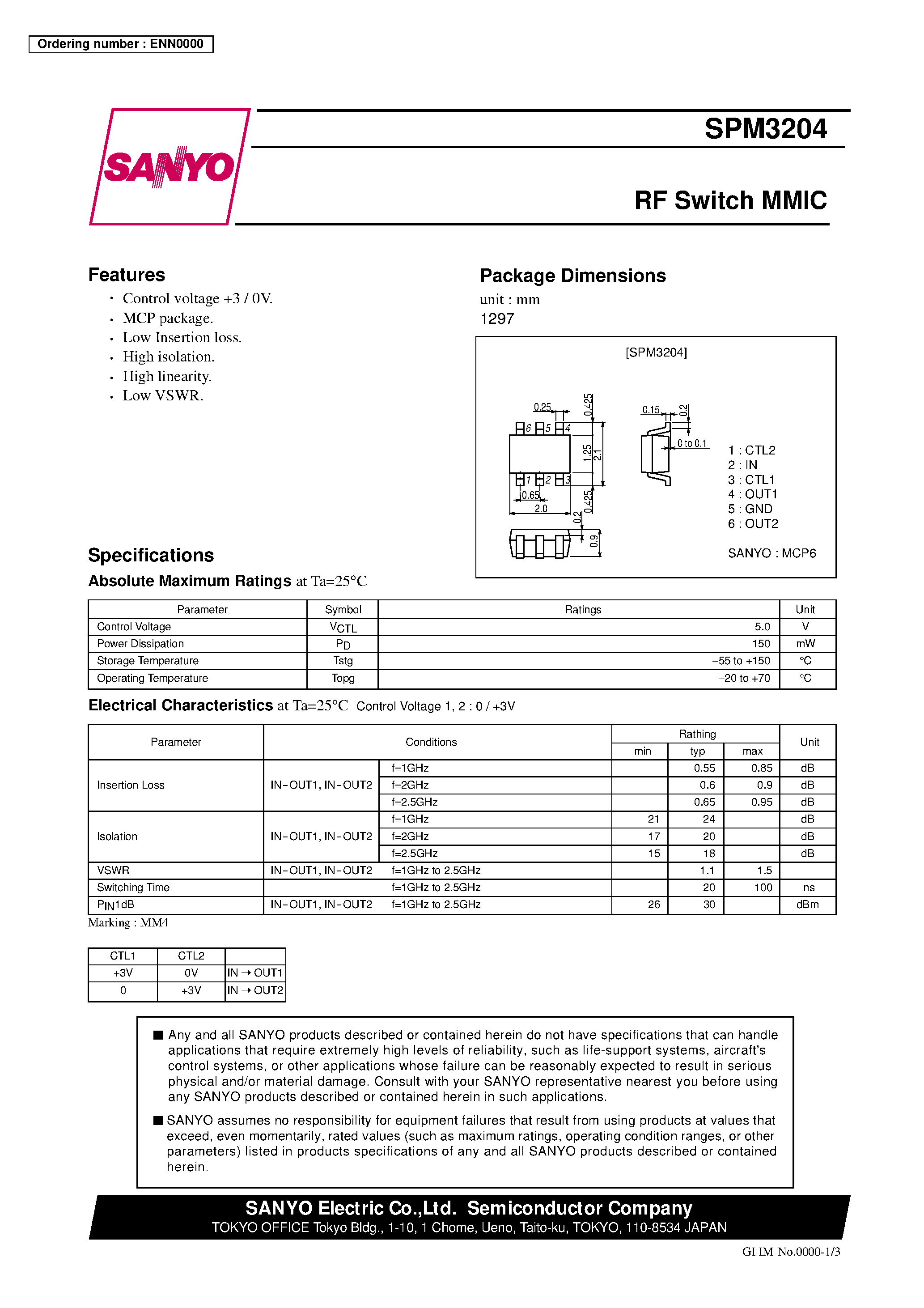 Datasheet SPM3204 page 1 Datasheet SPM3204 - RF Switch MMIC page 1