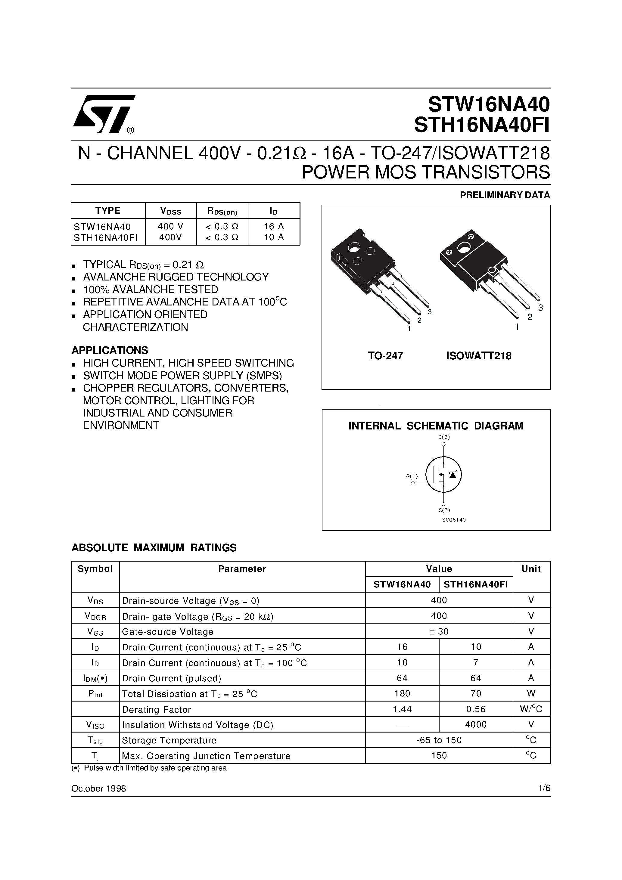 Datasheet STW16NA40 - N - CHANNEL 400V - 0.21ohm - 16A - TO-247/ISOWATT218 POWER MOS TRANSISTORS page 1