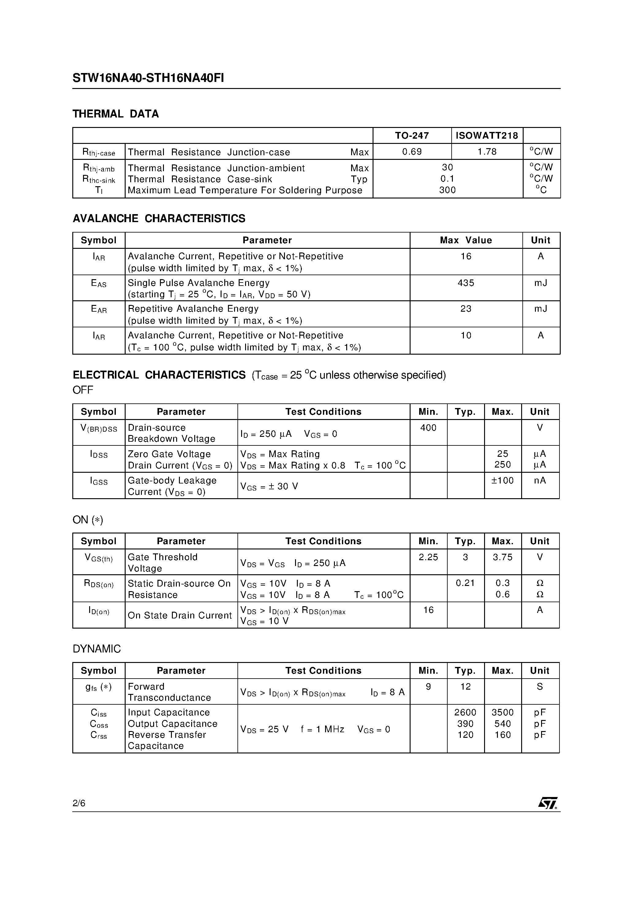 Datasheet STW16NA40 - N - CHANNEL 400V - 0.21ohm - 16A - TO-247/ISOWATT218 POWER MOS TRANSISTORS page 2