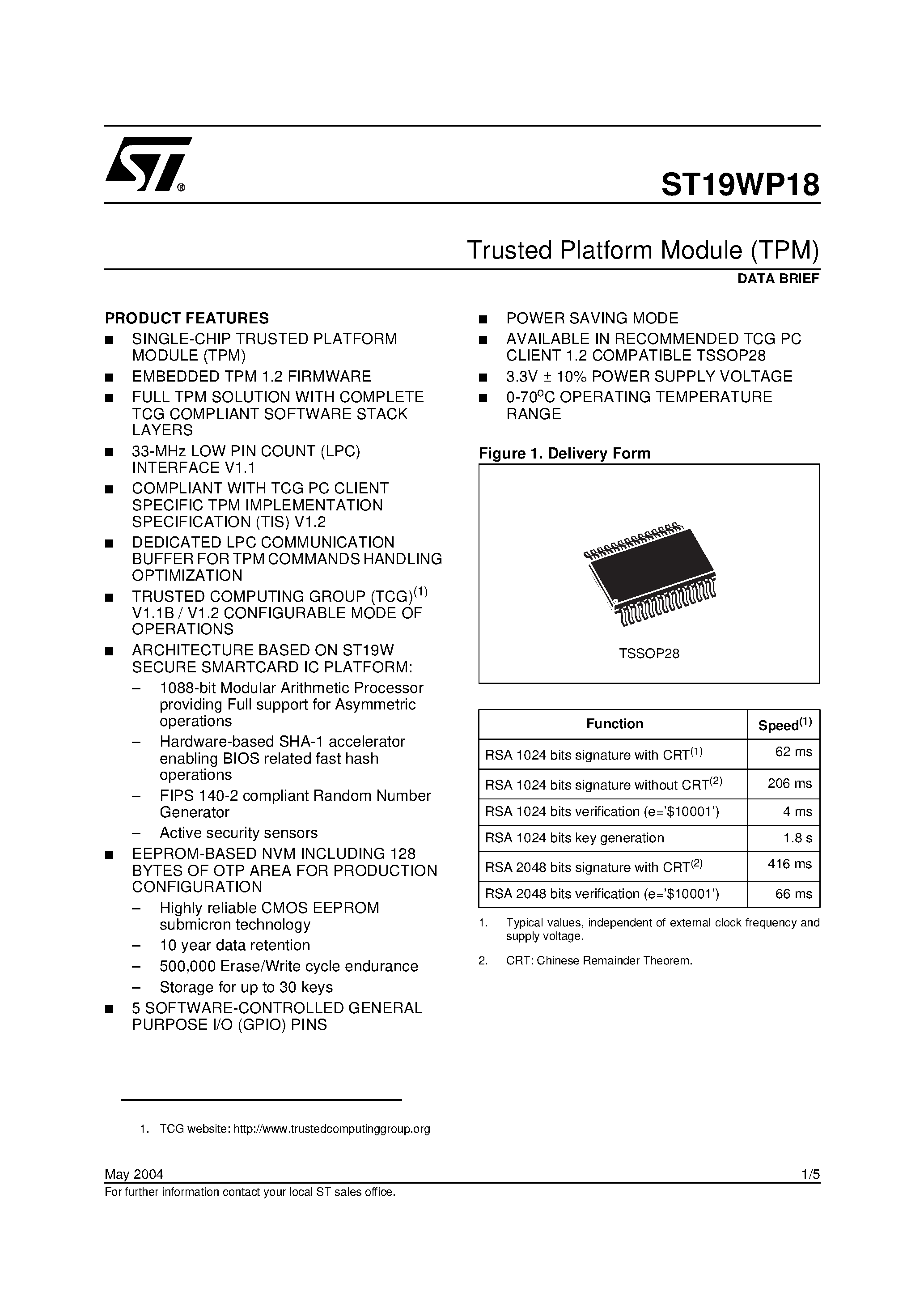 Datasheet ST19WP18 - Trusted Platform Module (TPM) page 1
