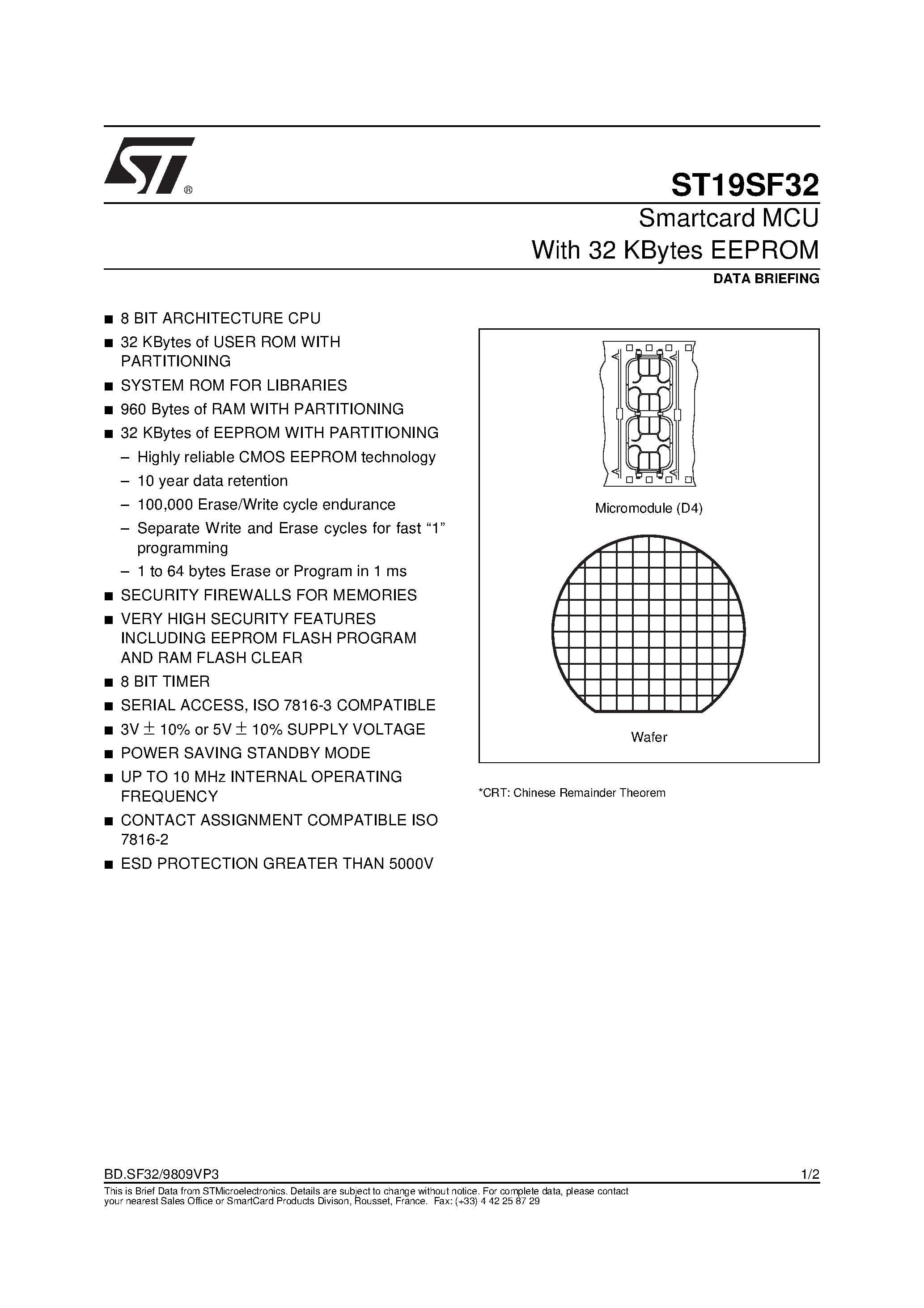 Datasheet ST19SF32 page 1 Datasheet ST19SF32 - Smartcard MCU With 32 KBytes EEPROM page 1
