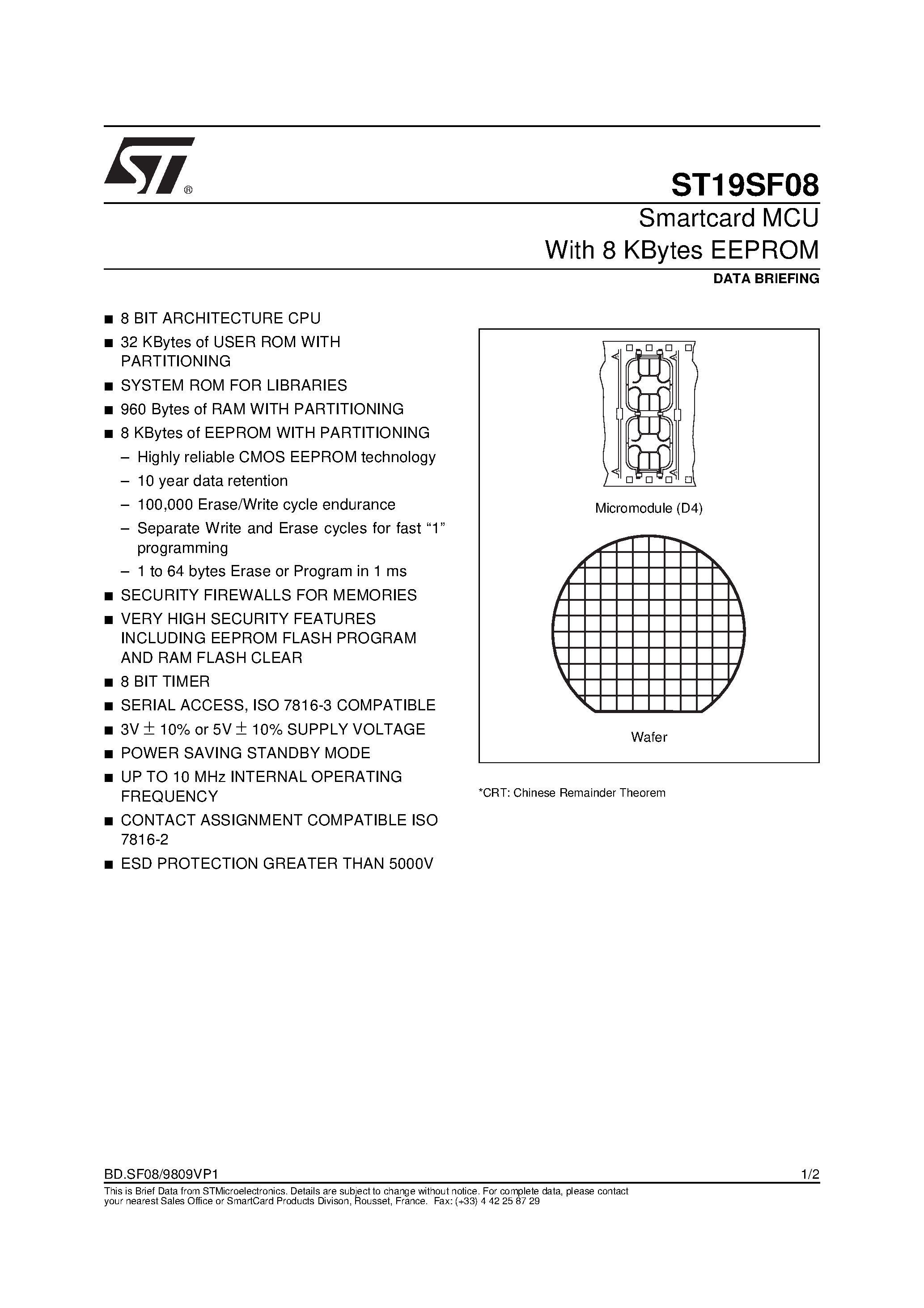 Datasheet ST19SF08 page 1 Datasheet ST19SF08 - Smartcard MCU With 8 KBytes EEPROM page 1