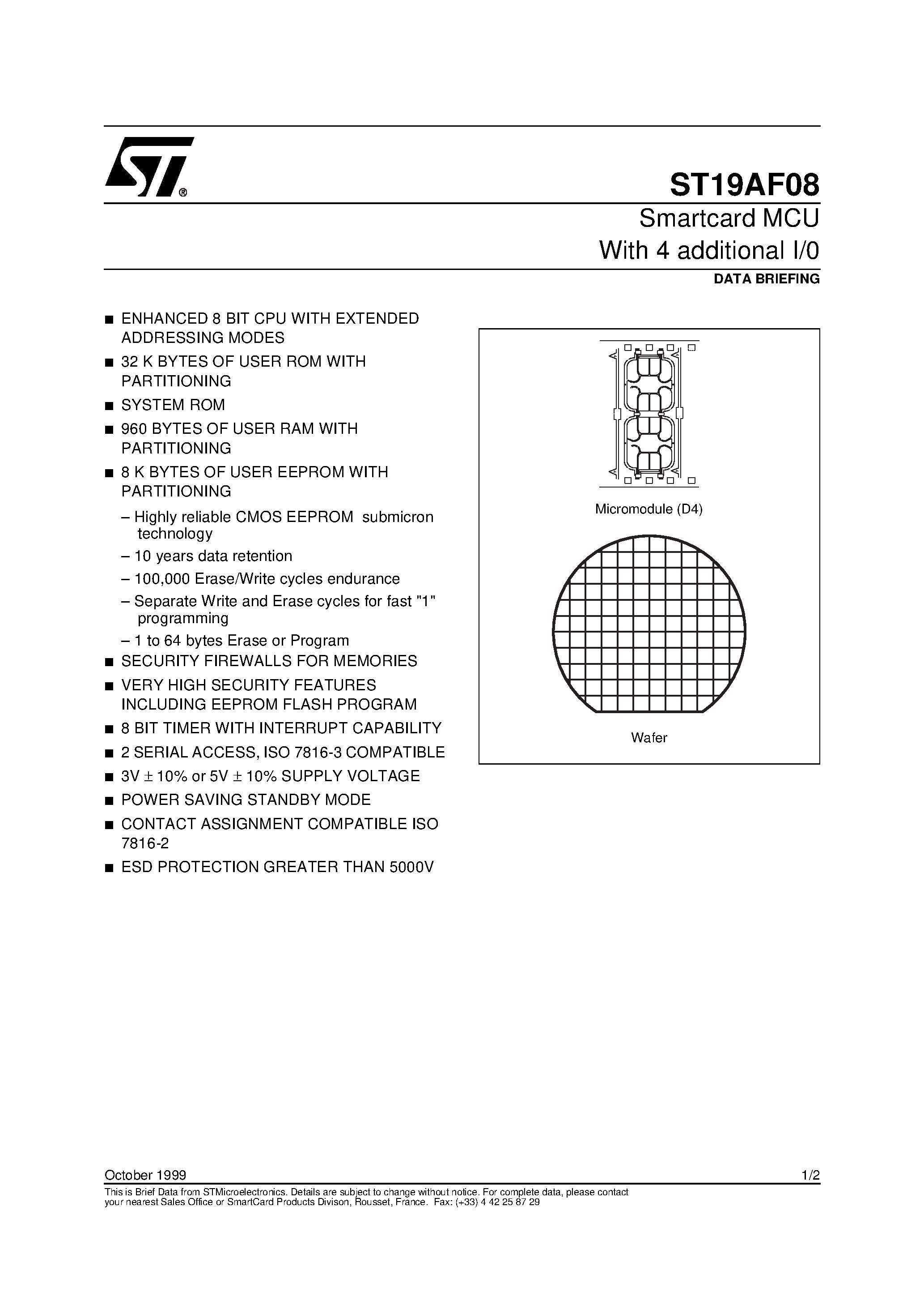 Datasheet ST19AF08 page 1 Datasheet ST19AF08 - Smartcard MCU With 4 additional I/0 page 1