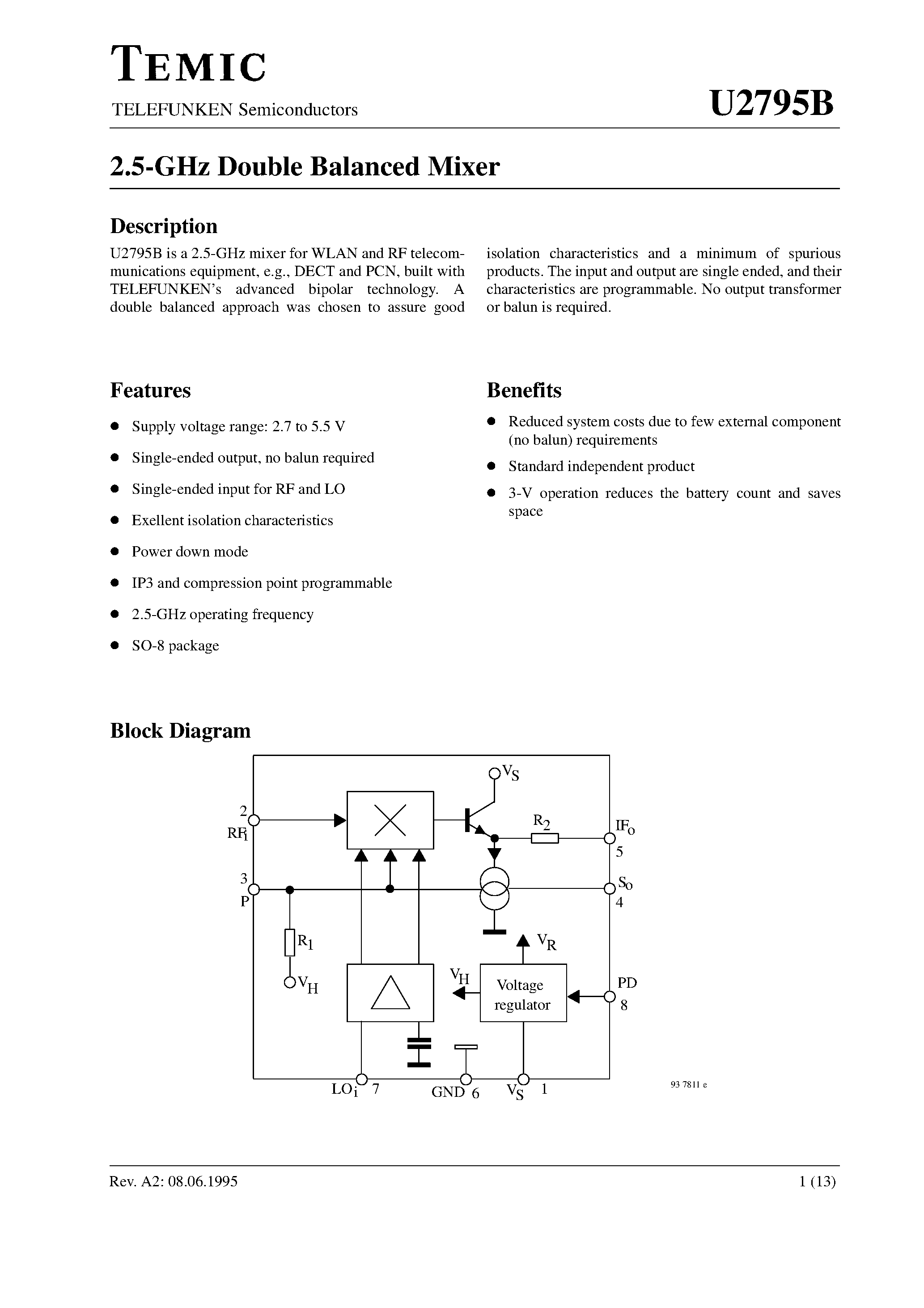 Datasheet U2795B page 1 Datasheet U2795B - 2.5-GHz Double Balanced Mixer page 1